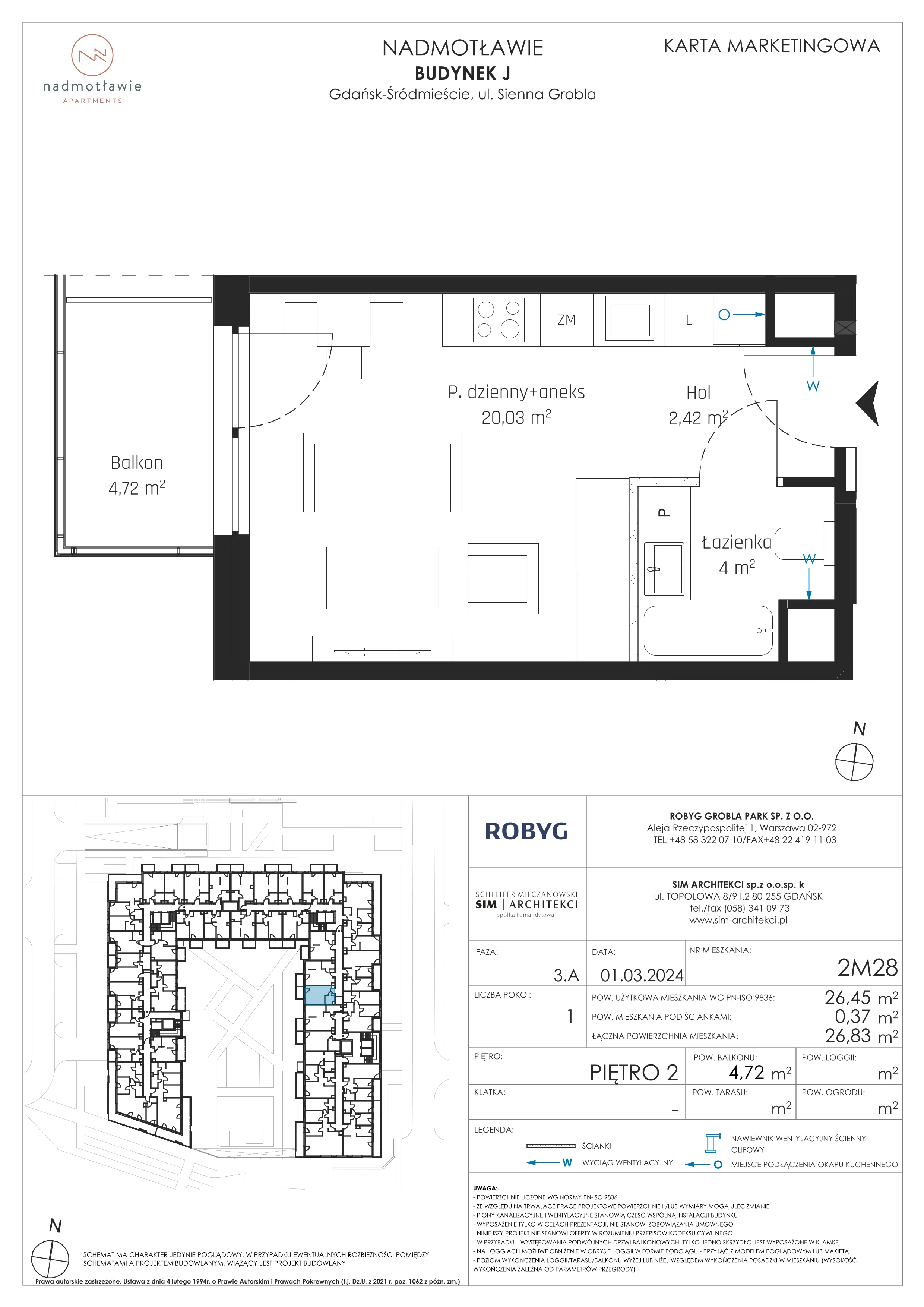 1 pokój, mieszkanie 26,45 m², piętro 2, oferta nr J.2M28, Nadmotławie Apartments, Gdańsk, Śródmieście, ul. Sienna Grobla