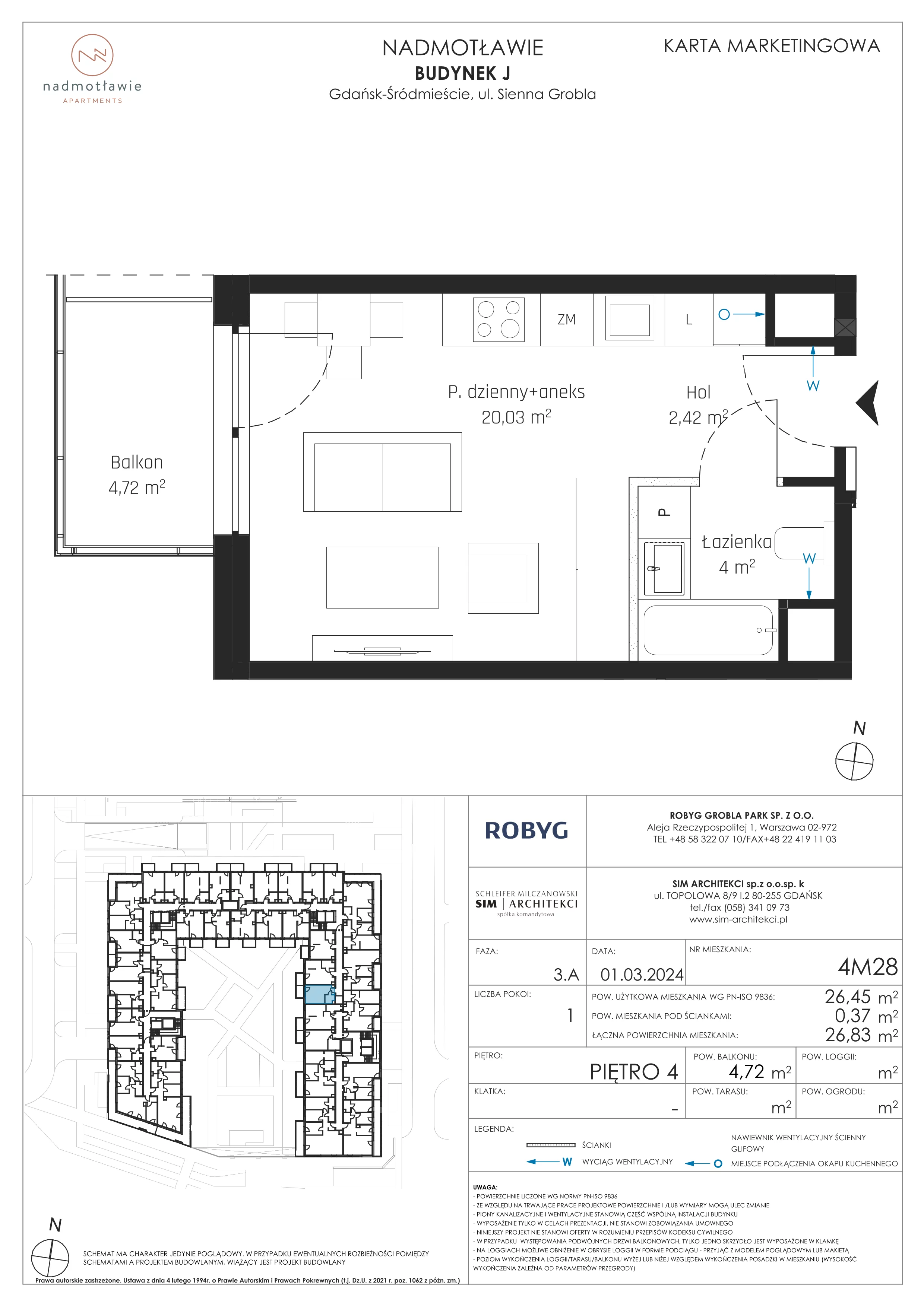 1 pokój, mieszkanie 26,45 m², piętro 4, oferta nr J.4M28, Nadmotławie Apartments, Gdańsk, Śródmieście, ul. Sienna Grobla