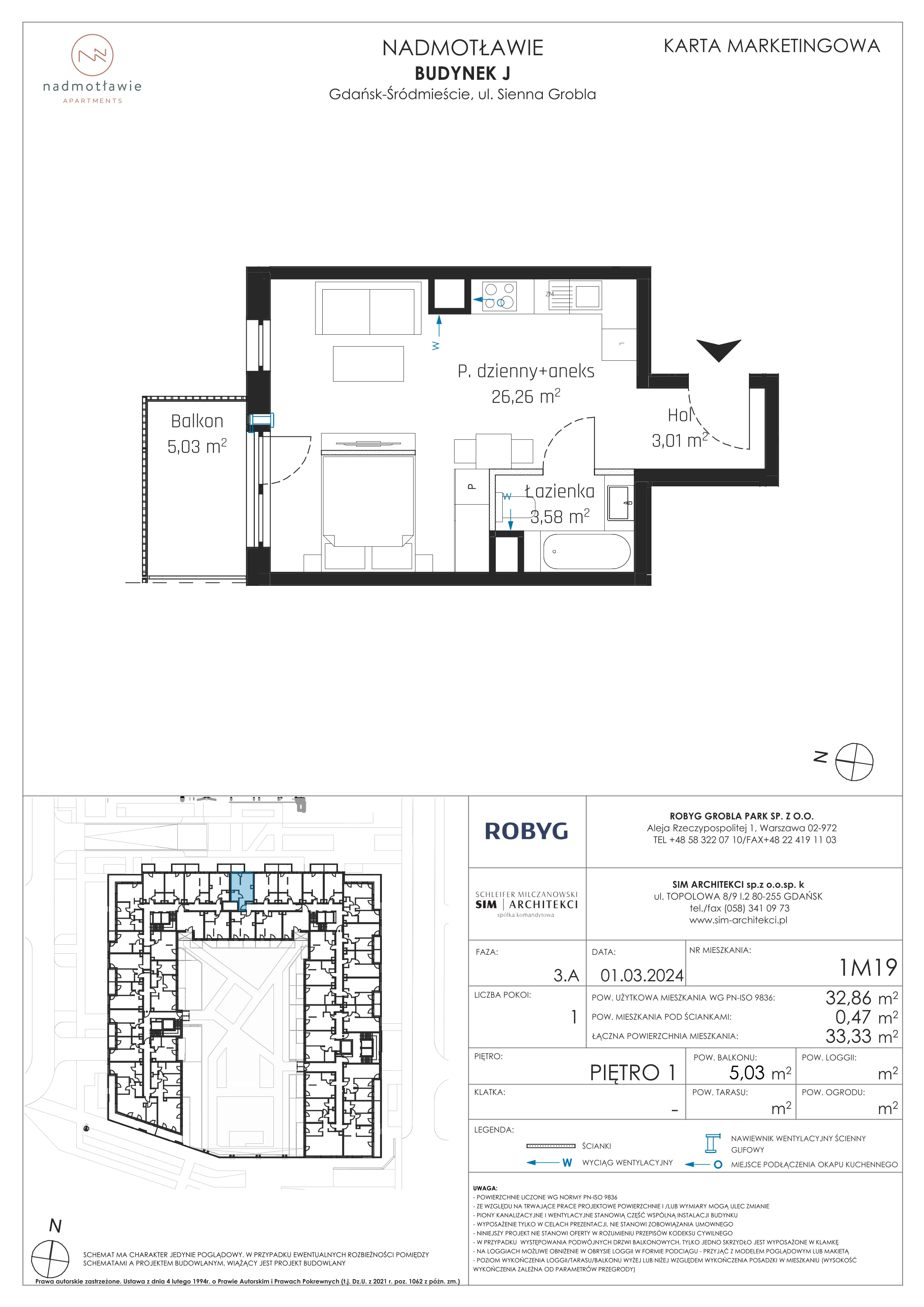 1 pokój, mieszkanie 32,86 m², piętro 1, oferta nr J.1M19, Nadmotławie Apartments, Gdańsk, Śródmieście, ul. Sienna Grobla