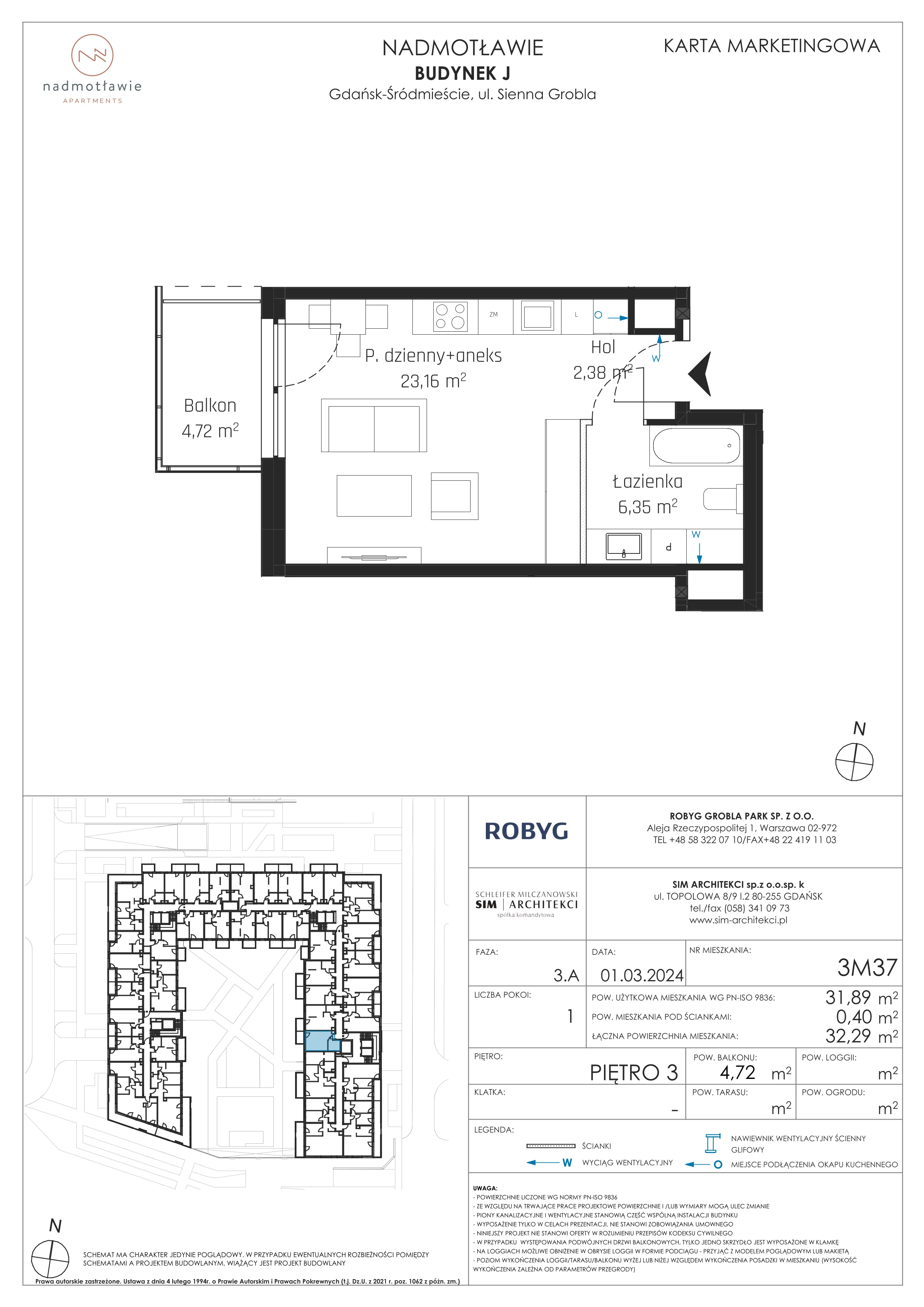 1 pokój, mieszkanie 31,89 m², piętro 3, oferta nr J.3M37, Nadmotławie Apartments, Gdańsk, Śródmieście, ul. Sienna Grobla