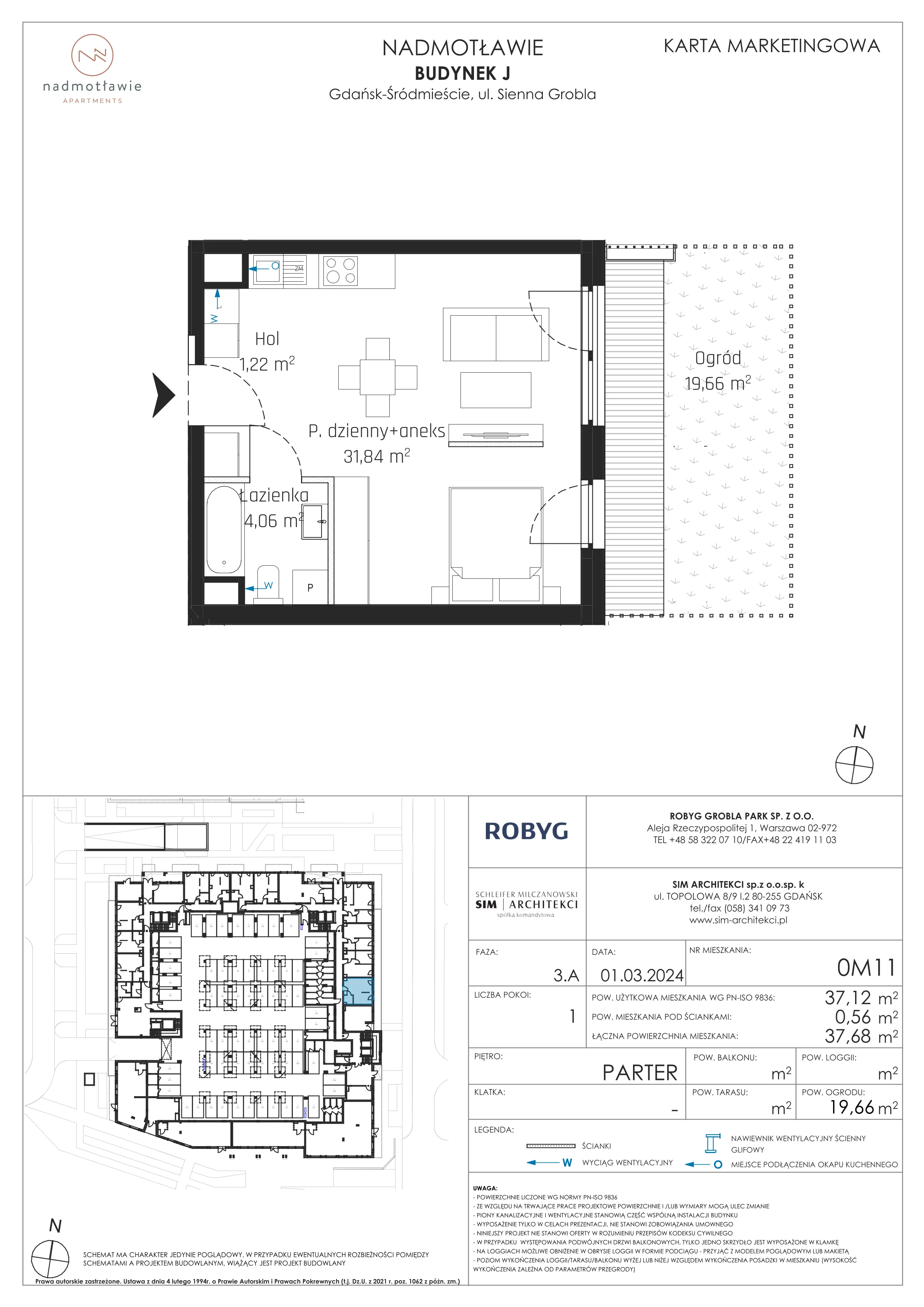 1 pokój, mieszkanie 37,12 m², parter, oferta nr J.0M11, Nadmotławie Apartments, Gdańsk, Śródmieście, ul. Sienna Grobla