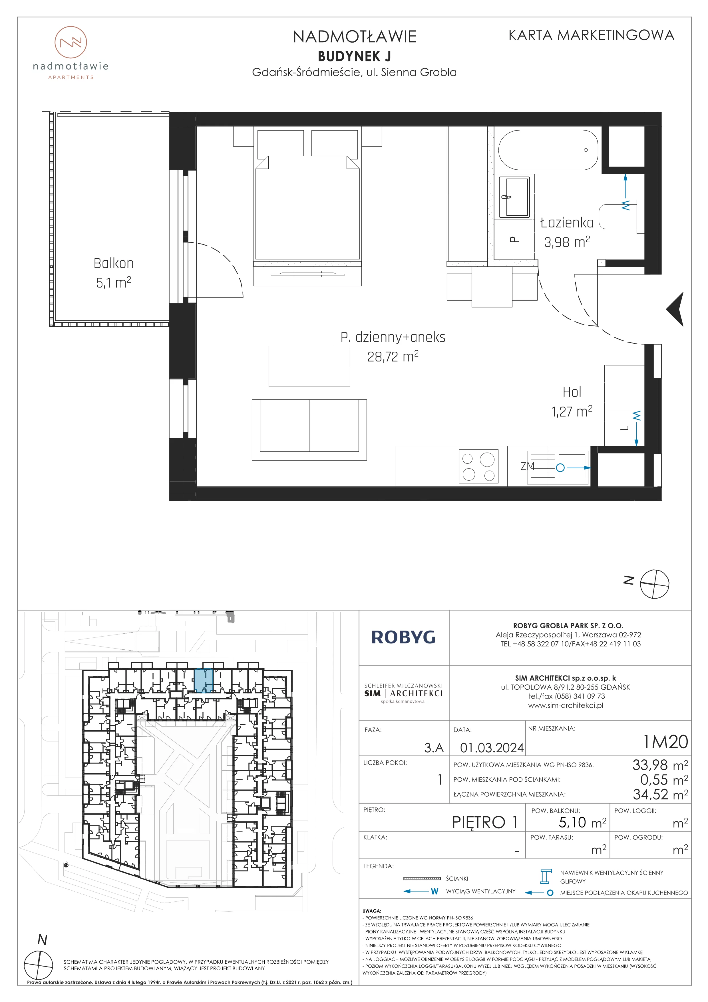 1 pokój, mieszkanie 33,98 m², piętro 1, oferta nr J.1M20, Nadmotławie Apartments, Gdańsk, Śródmieście, ul. Sienna Grobla