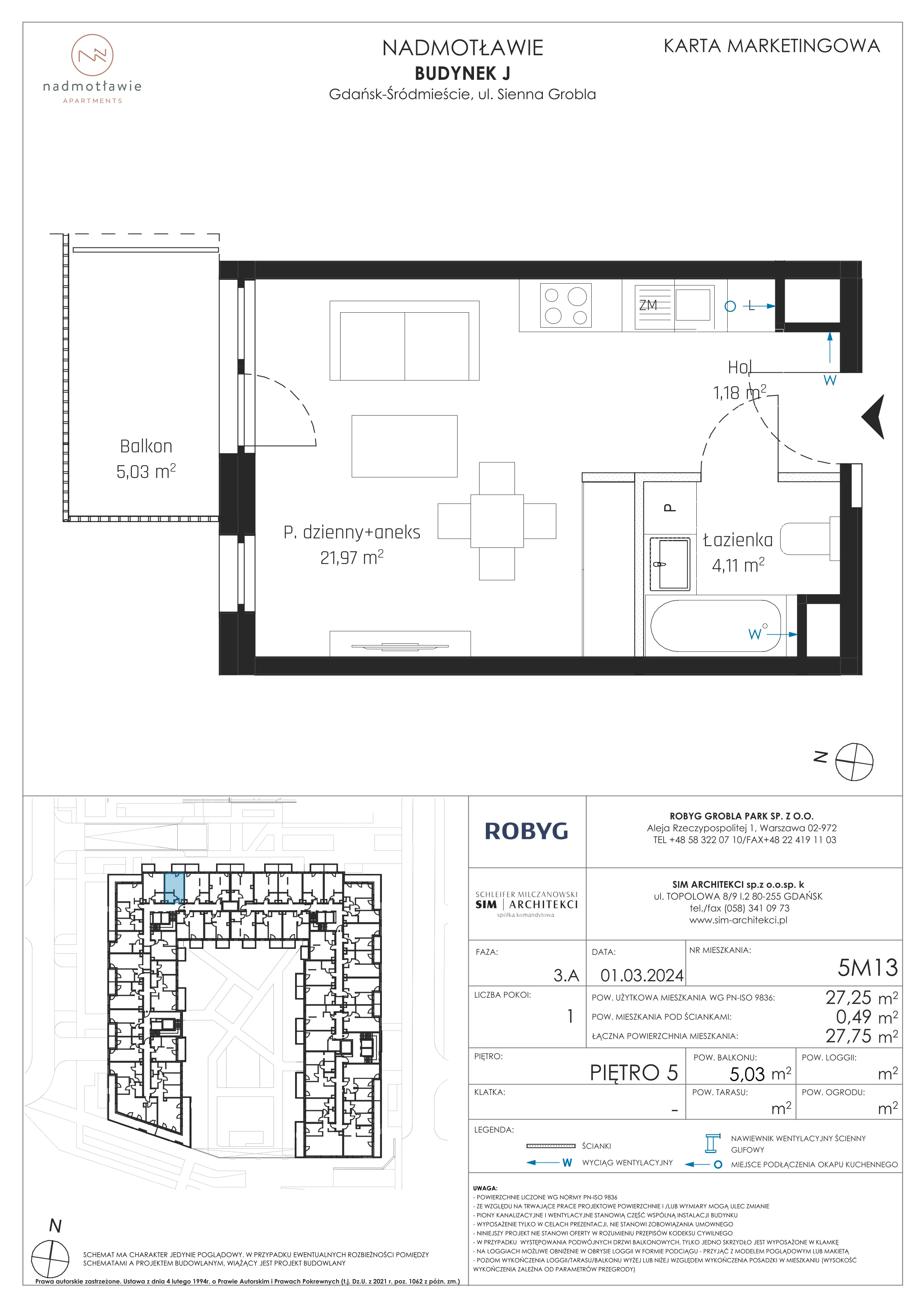 1 pokój, mieszkanie 27,25 m², piętro 5, oferta nr J.5M13, Nadmotławie Apartments, Gdańsk, Śródmieście, ul. Sienna Grobla