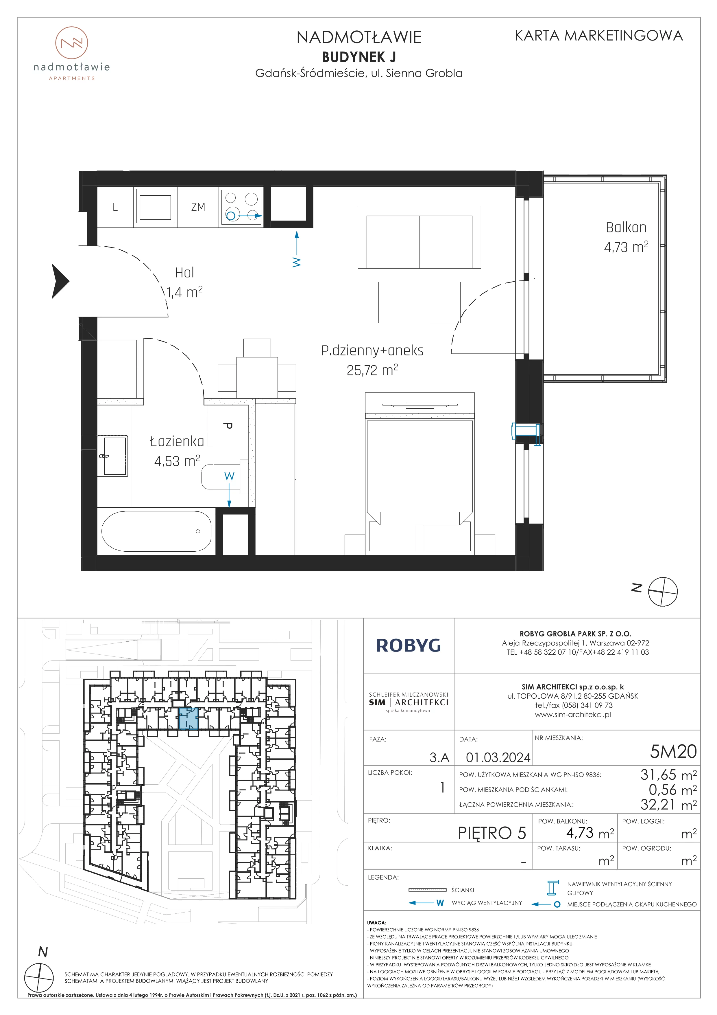 1 pokój, mieszkanie 31,65 m², piętro 5, oferta nr J.5M20, Nadmotławie Apartments Budynek J, Gdańsk, Śródmieście, ul. Sienna Grobla