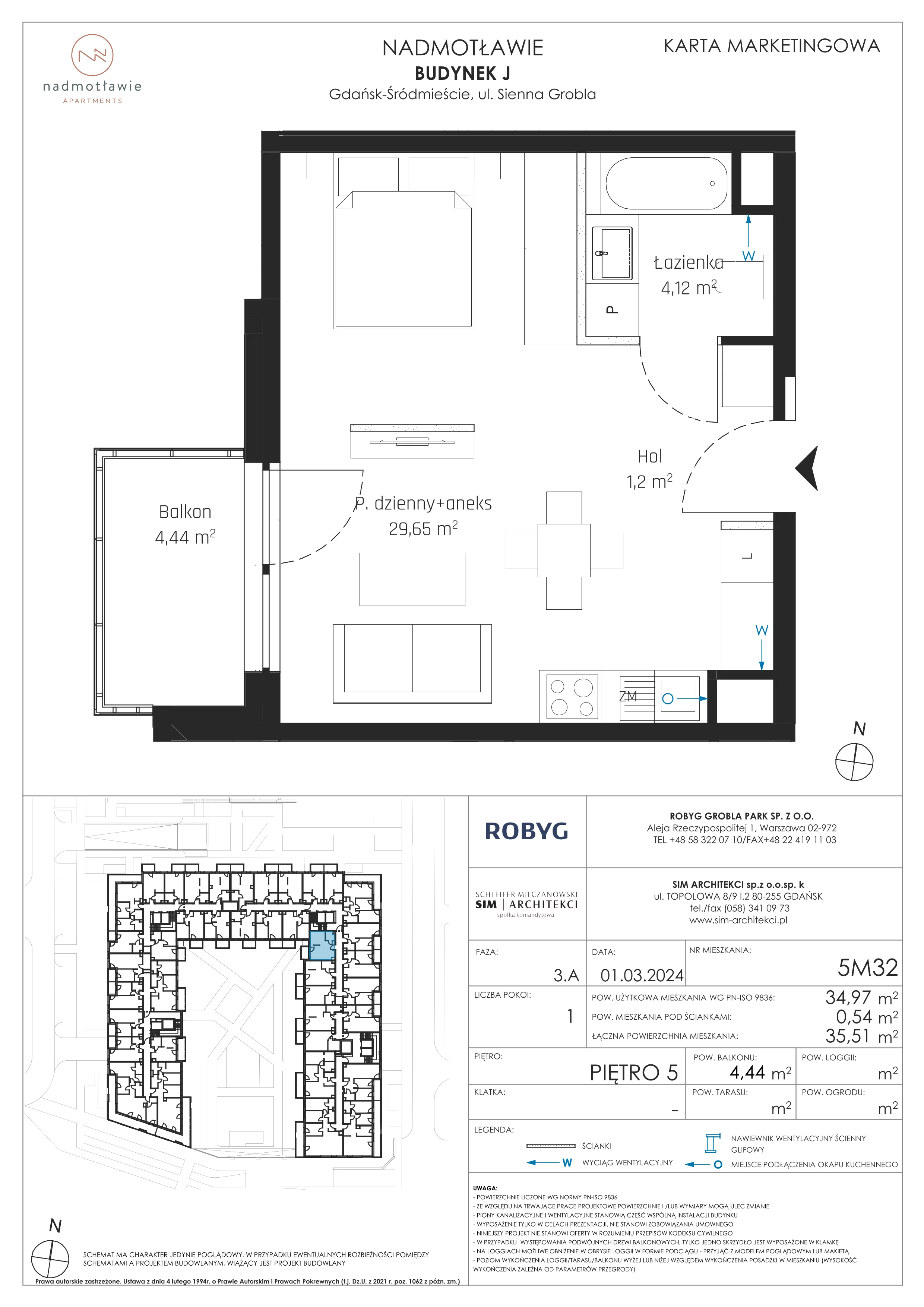 1 pokój, mieszkanie 34,97 m², piętro 5, oferta nr J.5M32, Nadmotławie Apartments, Gdańsk, Śródmieście, ul. Sienna Grobla