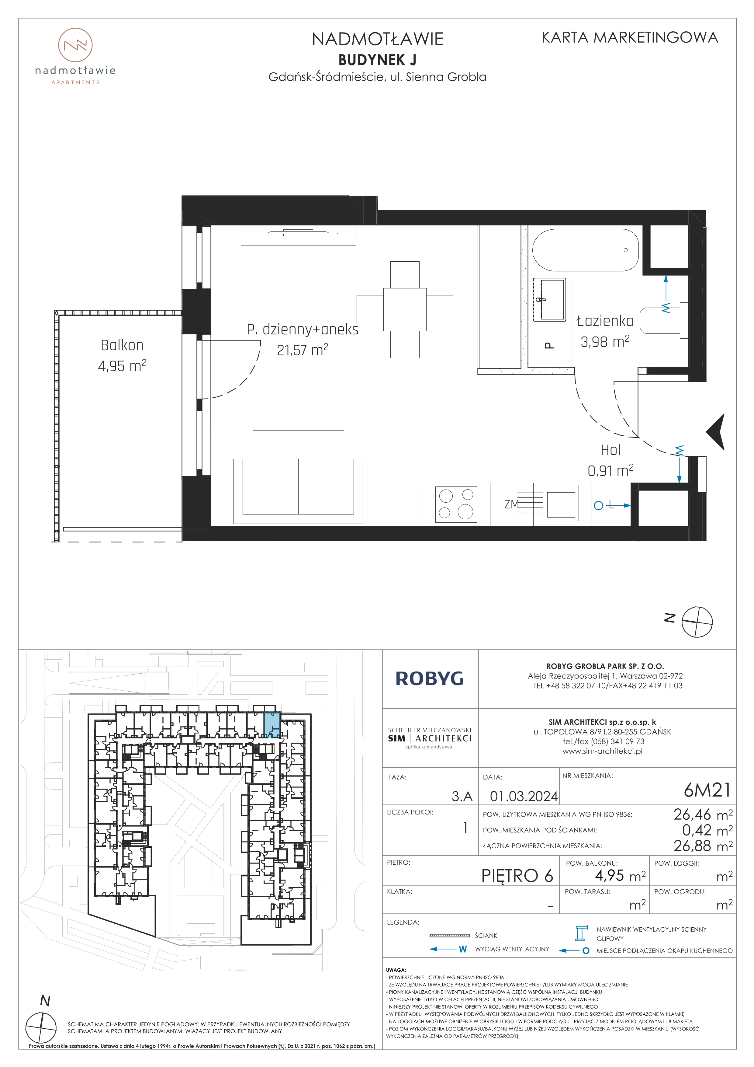 1 pokój, mieszkanie 26,46 m², piętro 6, oferta nr J.6M21, Nadmotławie Apartments Budynek J, Gdańsk, Śródmieście, ul. Sienna Grobla