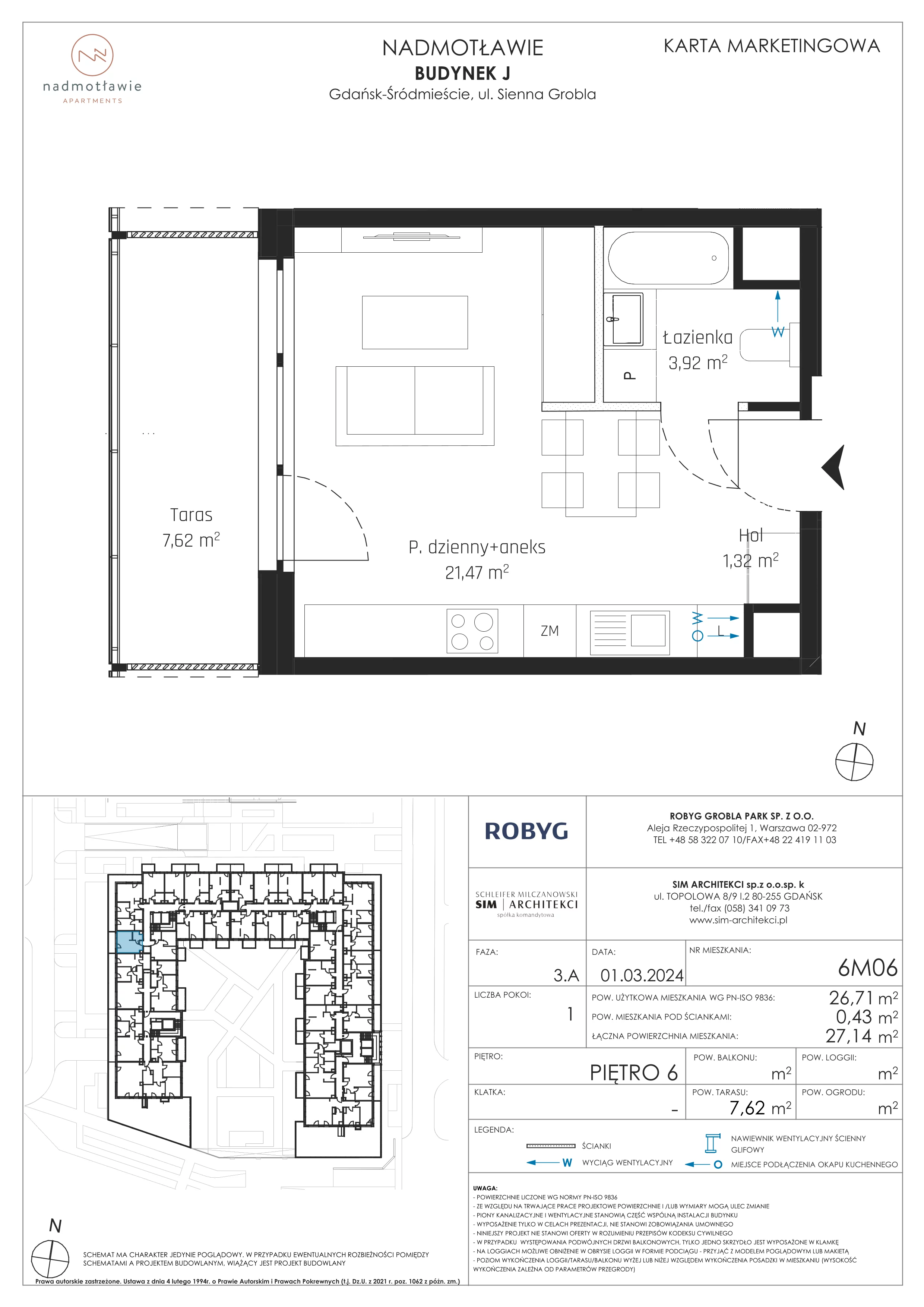 1 pokój, mieszkanie 26,71 m², piętro 6, oferta nr J.6M06, Nadmotławie Apartments Budynek J, Gdańsk, Śródmieście, ul. Sienna Grobla