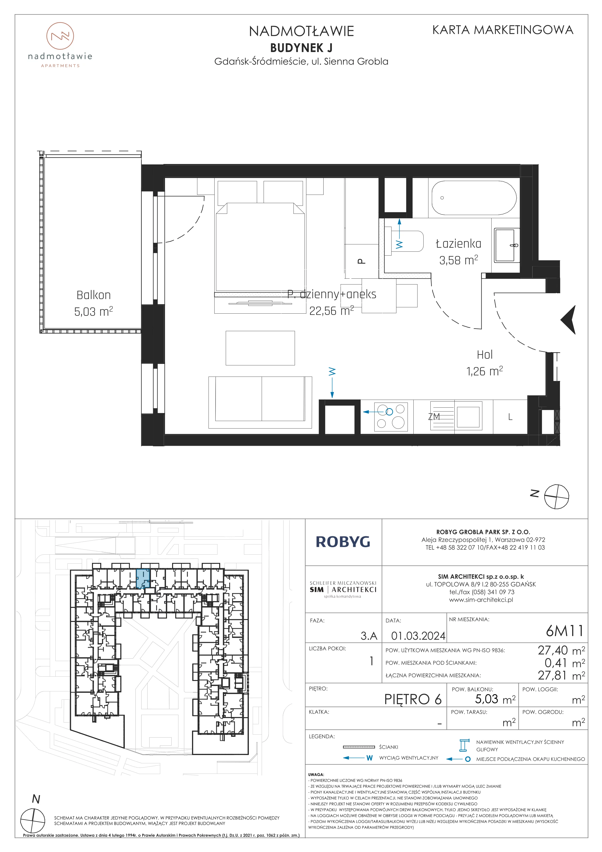 1 pokój, mieszkanie 27,40 m², piętro 6, oferta nr J.6M11, Nadmotławie Apartments Budynek J, Gdańsk, Śródmieście, ul. Sienna Grobla