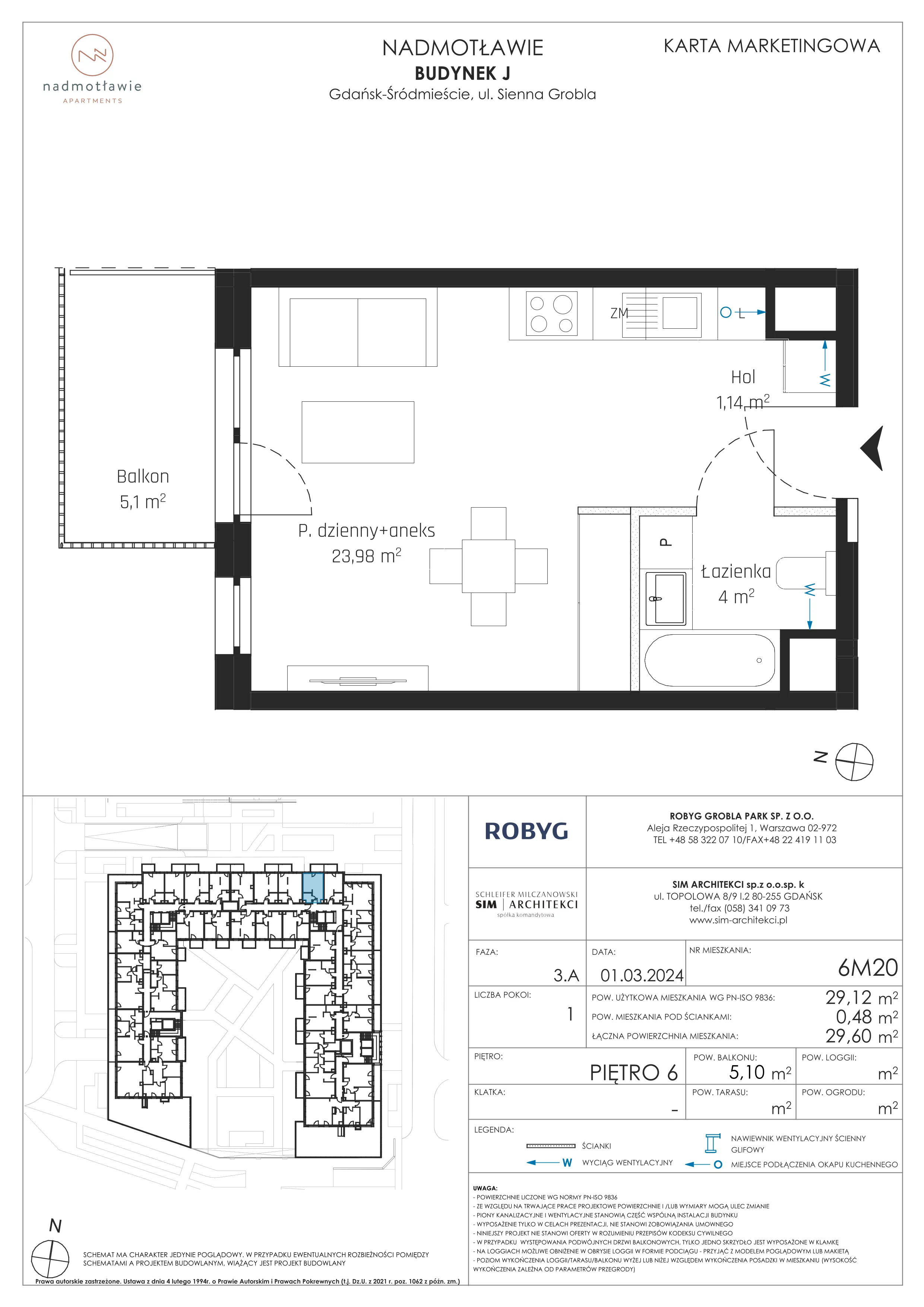 1 pokój, mieszkanie 29,12 m², piętro 6, oferta nr J.6M20, Nadmotławie Apartments Budynek J, Gdańsk, Śródmieście, ul. Sienna Grobla