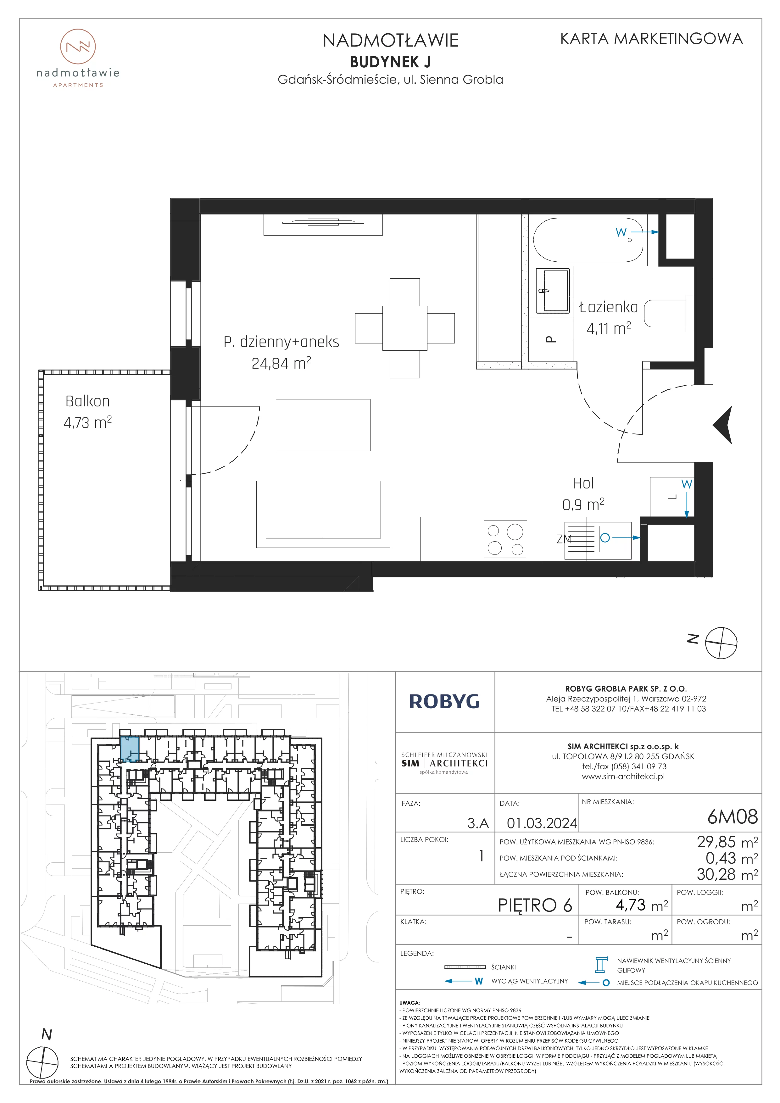 1 pokój, mieszkanie 29,85 m², piętro 6, oferta nr J.6M08, Nadmotławie Apartments Budynek J, Gdańsk, Śródmieście, ul. Sienna Grobla