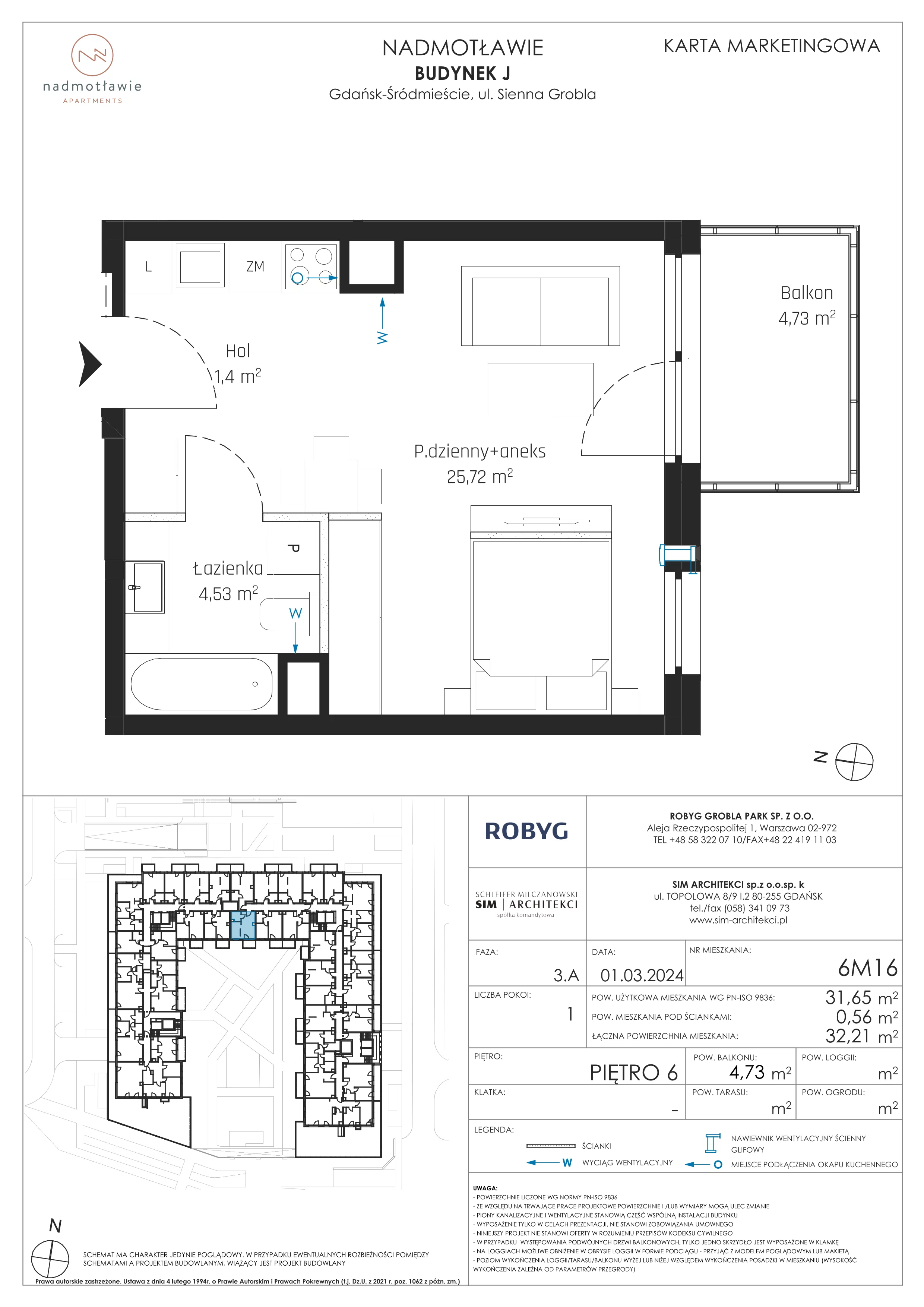 1 pokój, mieszkanie 31,65 m², piętro 6, oferta nr J.6M16, Nadmotławie Apartments Budynek J, Gdańsk, Śródmieście, ul. Sienna Grobla