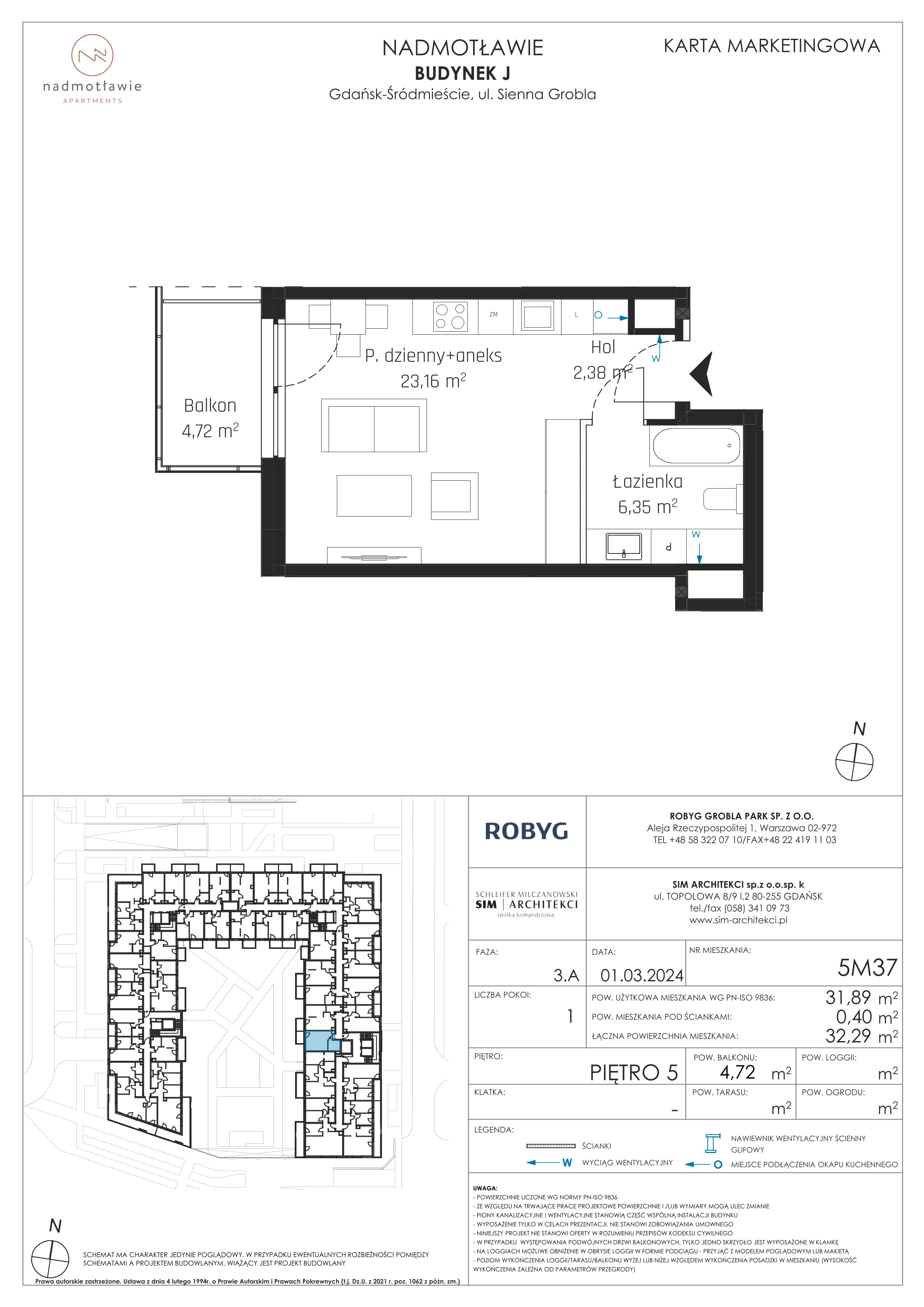 1 pokój, mieszkanie 31,89 m², piętro 5, oferta nr J.5M37, Nadmotławie Apartments Budynek J, Gdańsk, Śródmieście, ul. Sienna Grobla