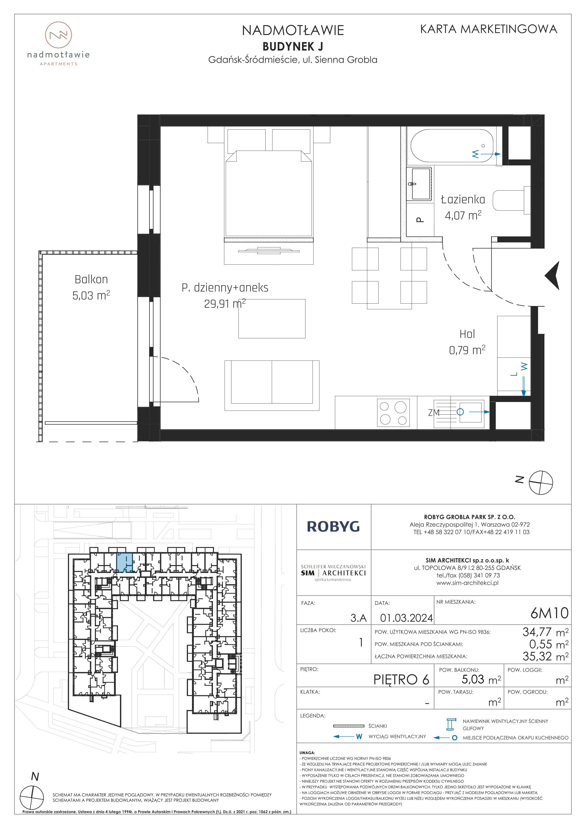 1 pokój, mieszkanie 34,77 m², piętro 6, oferta nr J.6M10, Nadmotławie Apartments Budynek J, Gdańsk, Śródmieście, ul. Sienna Grobla