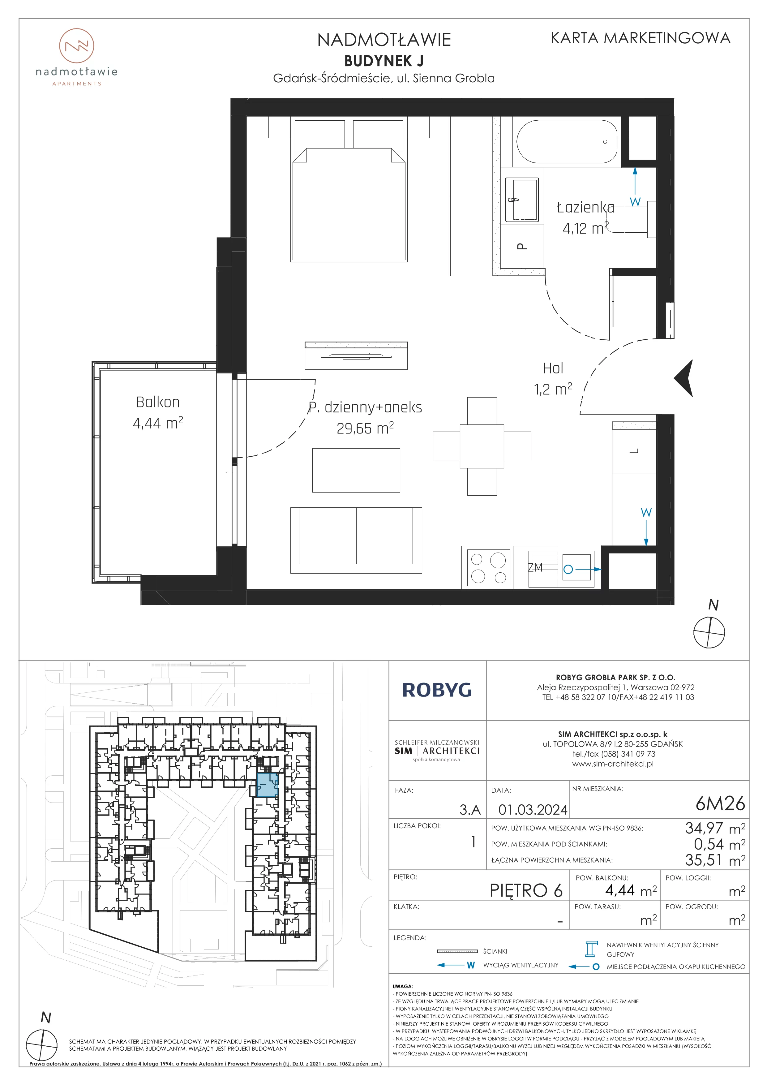 1 pokój, mieszkanie 34,97 m², piętro 6, oferta nr J.6M26, Nadmotławie Apartments Budynek J, Gdańsk, Śródmieście, ul. Sienna Grobla
