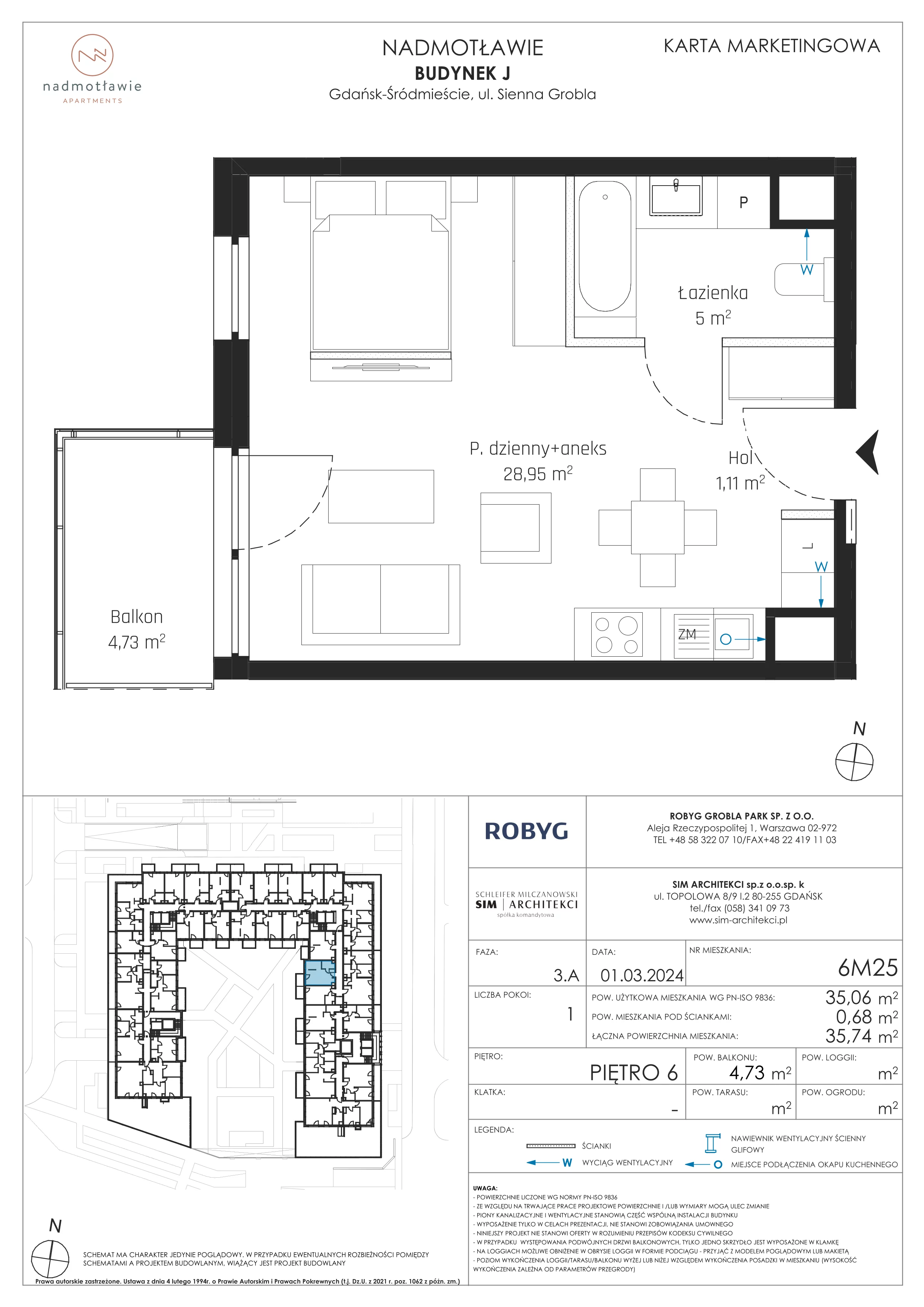 1 pokój, mieszkanie 35,06 m², piętro 6, oferta nr J.6M25, Nadmotławie Apartments Budynek J, Gdańsk, Śródmieście, ul. Sienna Grobla