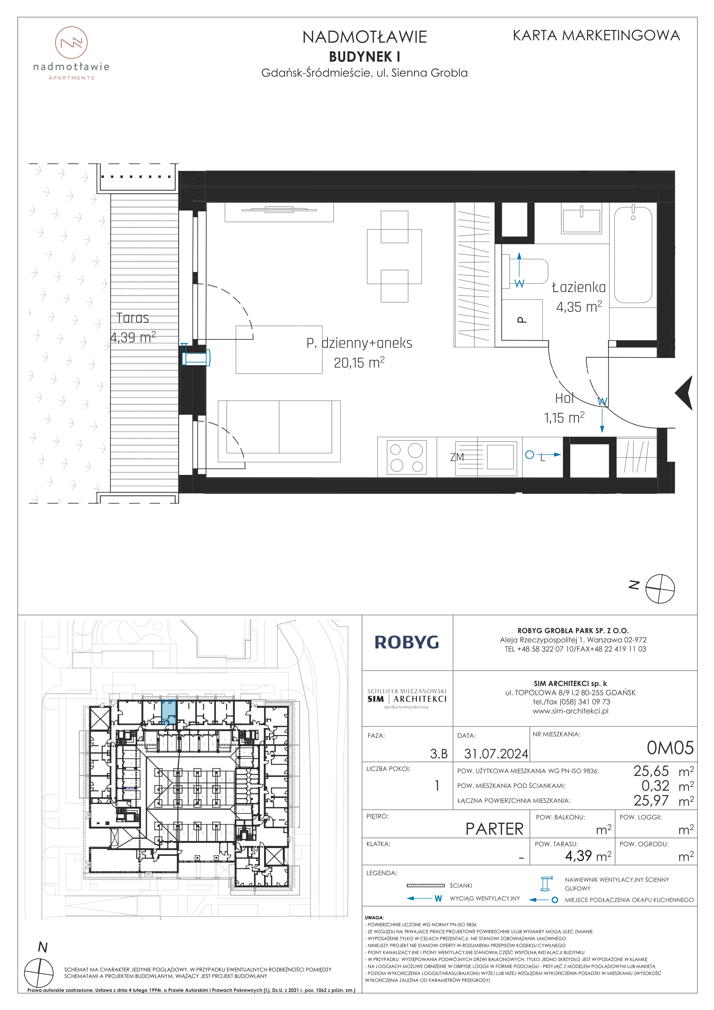 1 pokój, mieszkanie 25,65 m², parter, oferta nr I.0M05, Nadmotławie Apartments Budynek I, Gdańsk, Śródmieście, ul. Sienna Grobla