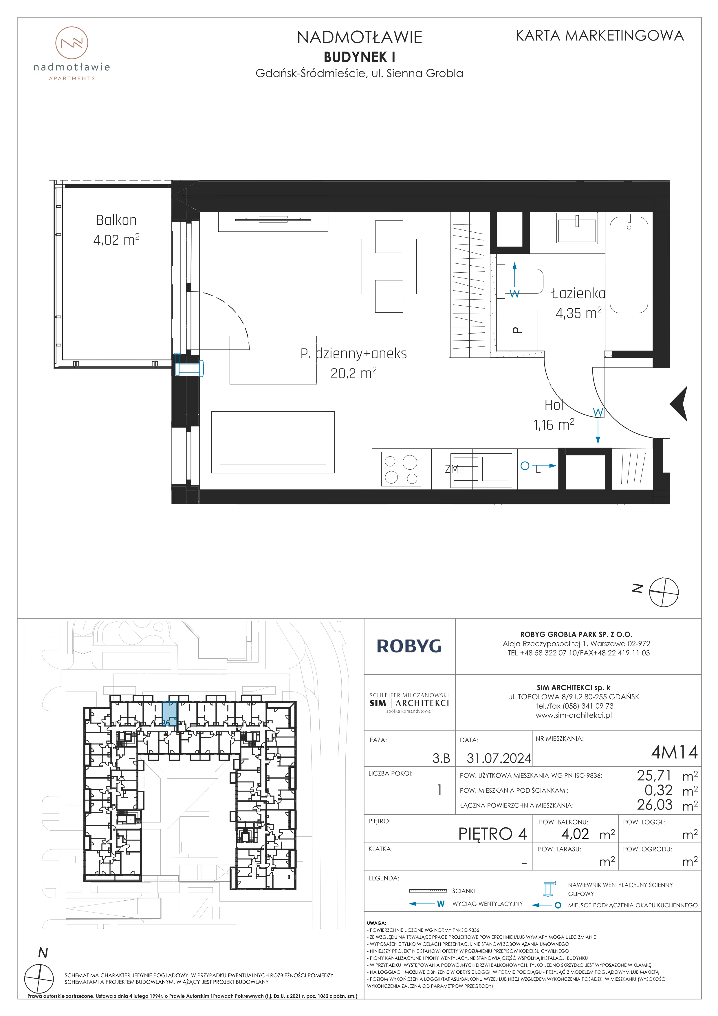 1 pokój, mieszkanie 25,71 m², piętro 4, oferta nr I.4M14, Nadmotławie Apartments Budynek I, Gdańsk, Śródmieście, ul. Sienna Grobla
