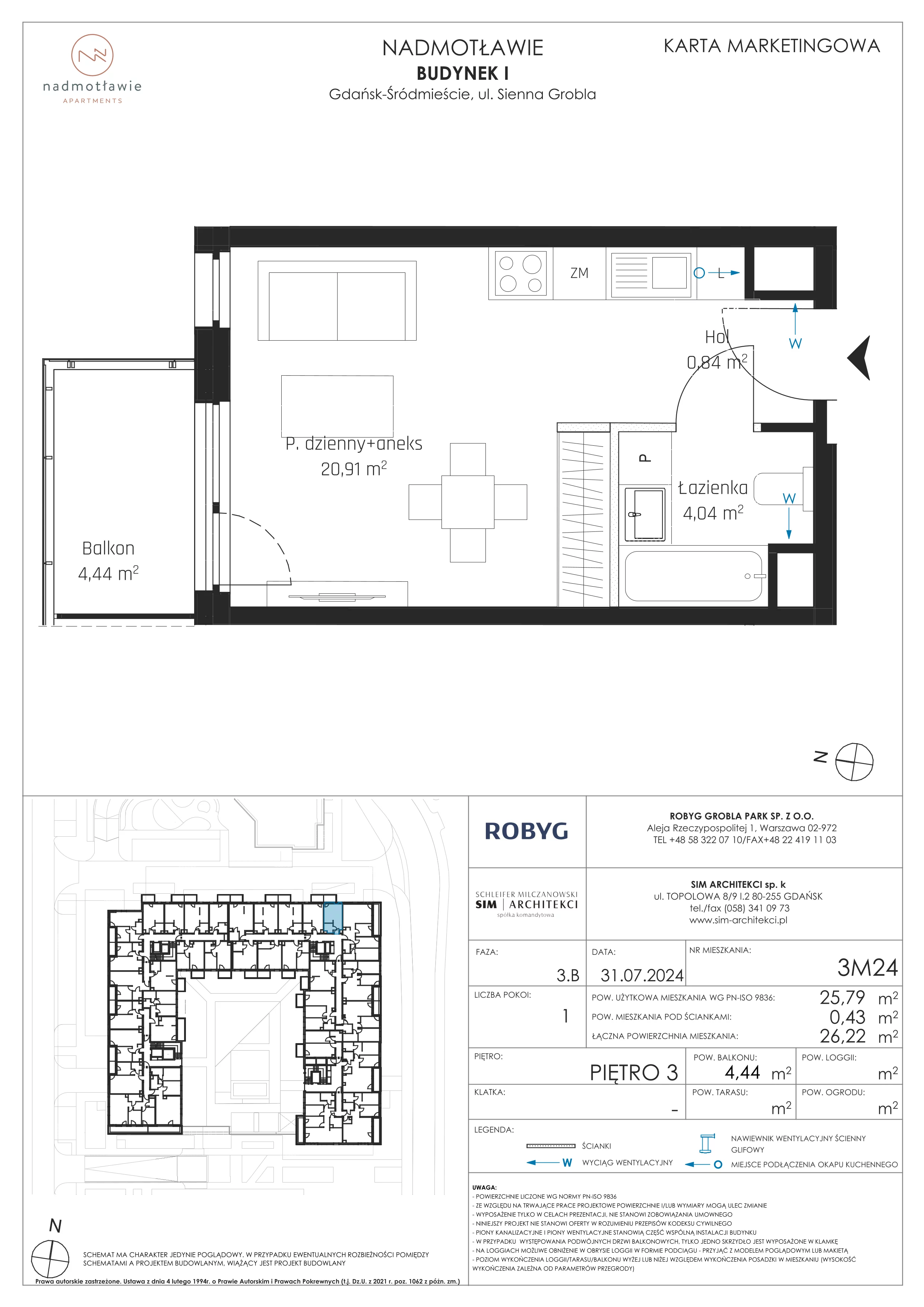 1 pokój, mieszkanie 25,79 m², piętro 3, oferta nr I.3M24, Nadmotławie Apartments Budynek I, Gdańsk, Śródmieście, ul. Sienna Grobla