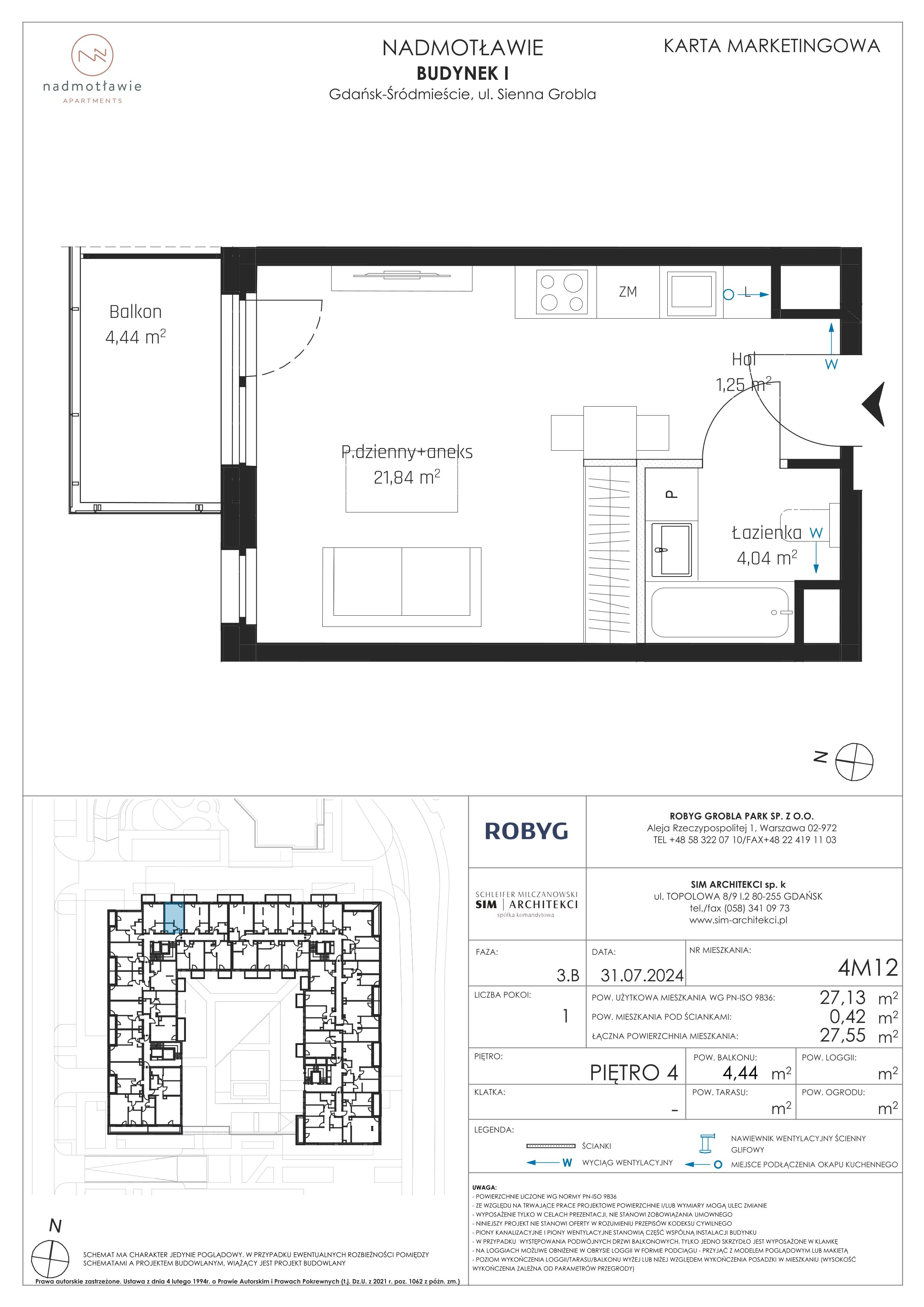 1 pokój, mieszkanie 27,13 m², piętro 4, oferta nr I.4M12, Nadmotławie Apartments Budynek I, Gdańsk, Śródmieście, ul. Sienna Grobla