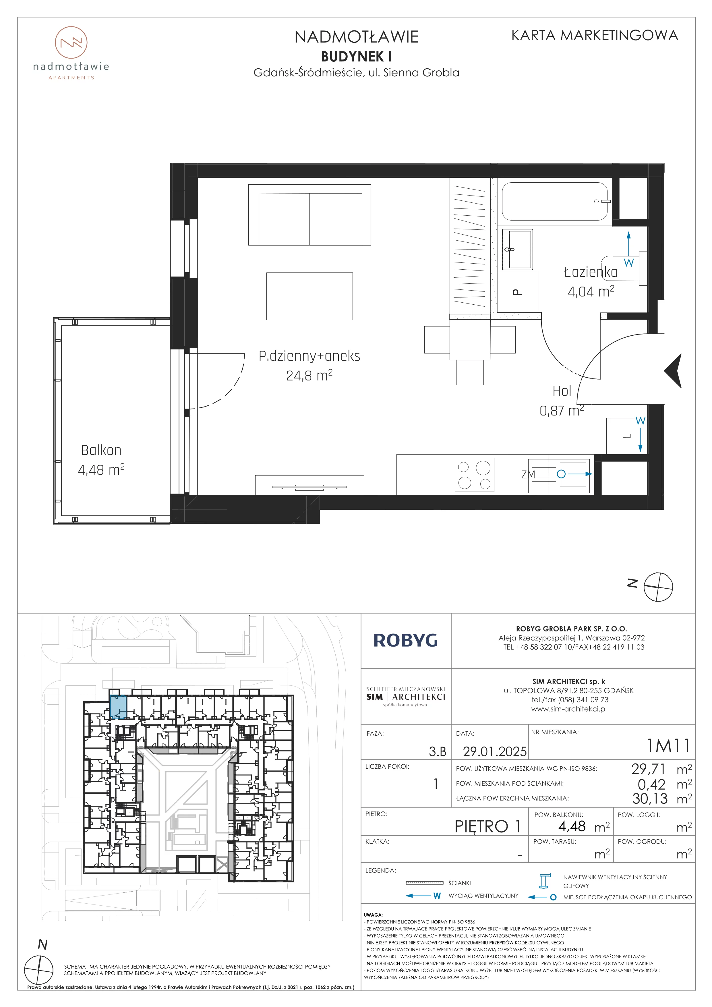 1 pokój, mieszkanie 29,71 m², piętro 1, oferta nr I.1M11, Nadmotławie Apartments Budynek I, Gdańsk, Śródmieście, ul. Sienna Grobla