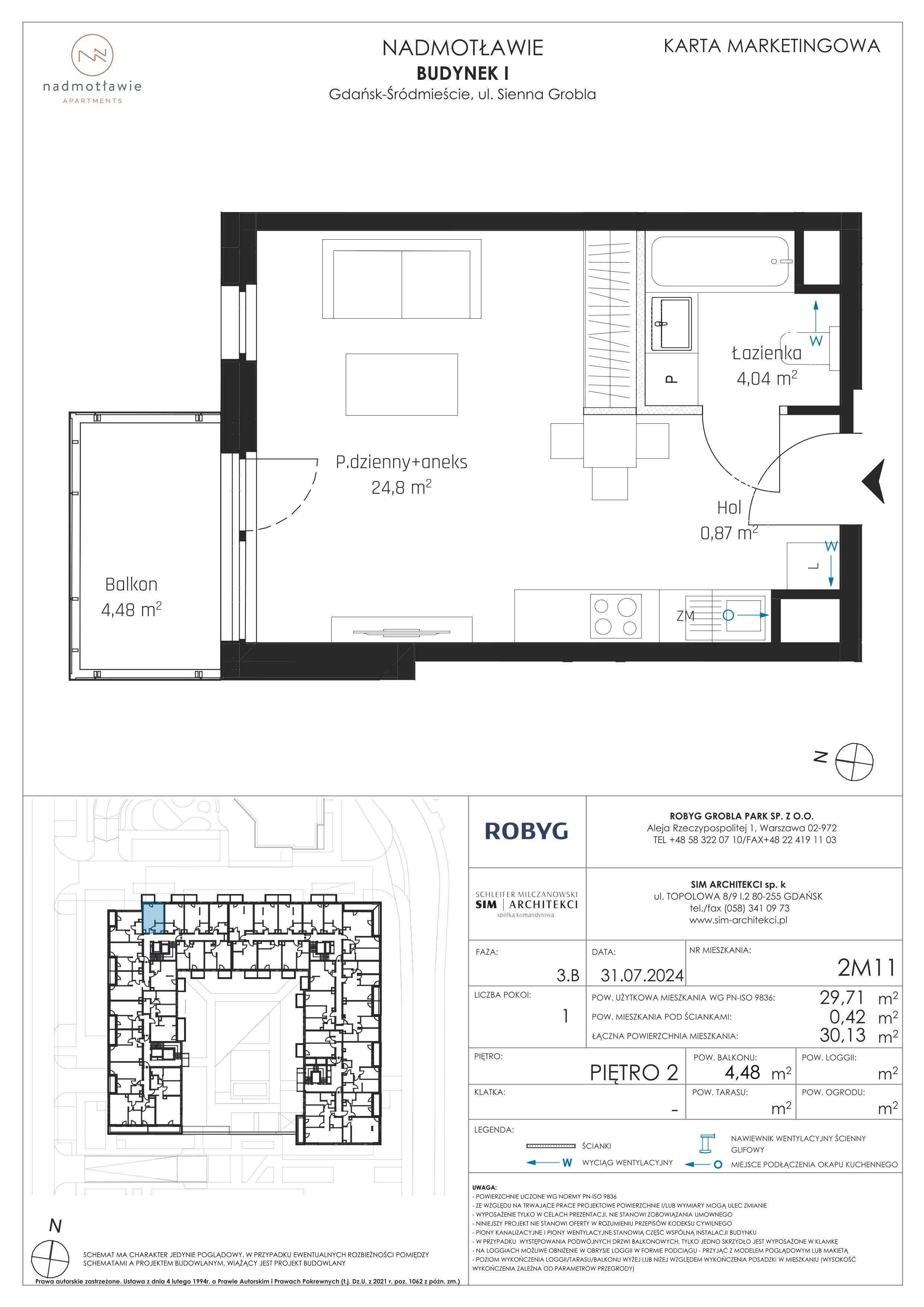 1 pokój, mieszkanie 29,71 m², piętro 2, oferta nr I.2M11, Nadmotławie Apartments Budynek I, Gdańsk, Śródmieście, ul. Sienna Grobla