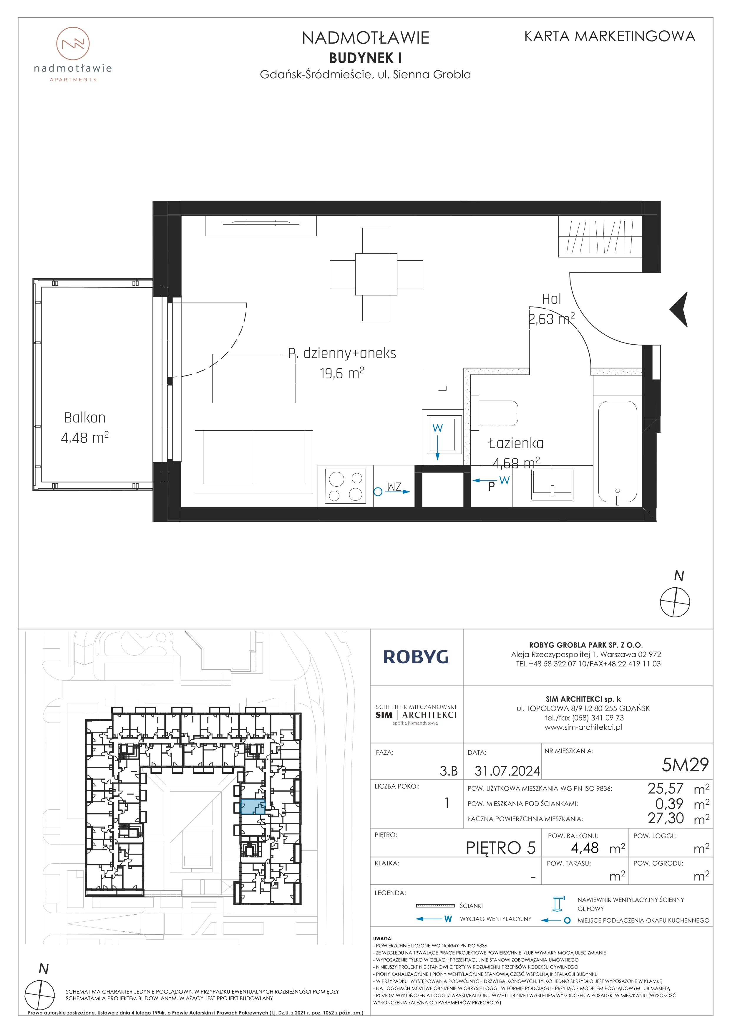 1 pokój, mieszkanie 25,57 m², piętro 5, oferta nr I.5M29, Nadmotławie Apartments Budynek I, Gdańsk, Śródmieście, ul. Sienna Grobla