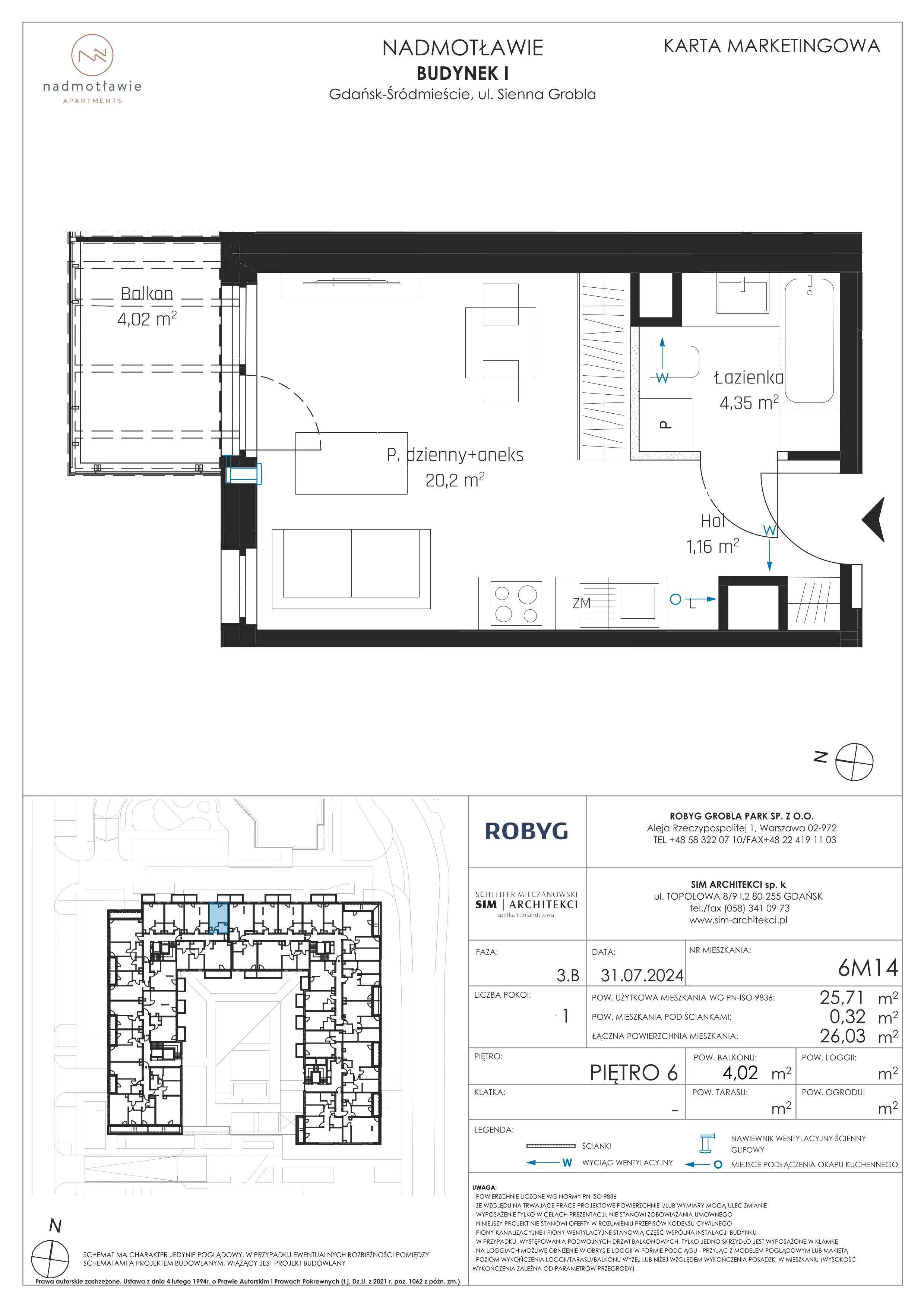 1 pokój, mieszkanie 25,71 m², piętro 6, oferta nr I.6M14, Nadmotławie Apartments Budynek I, Gdańsk, Śródmieście, ul. Sienna Grobla