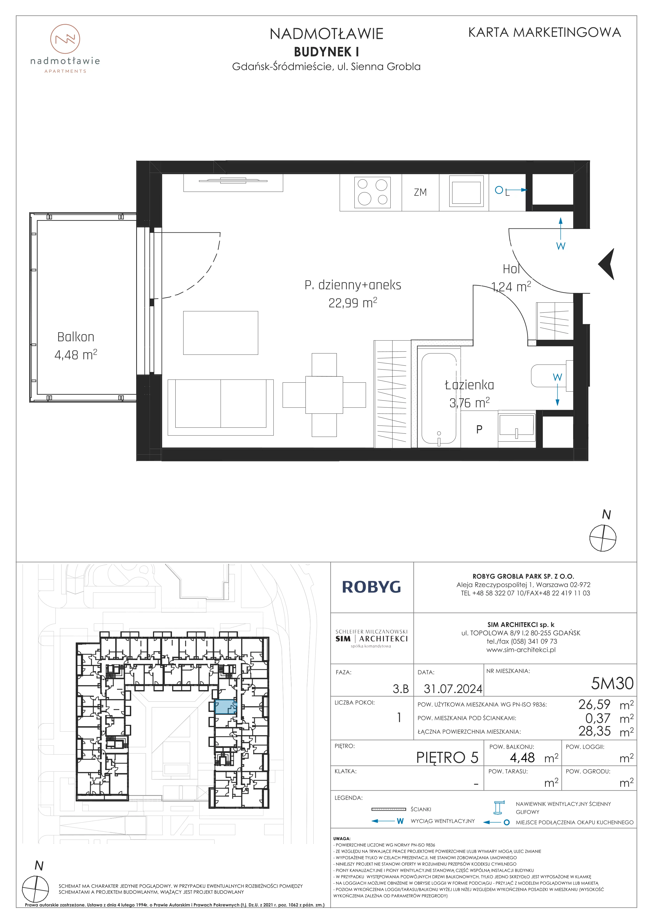 1 pokój, mieszkanie 26,59 m², piętro 5, oferta nr I.5M30, Nadmotławie Apartments Budynek I, Gdańsk, Śródmieście, ul. Sienna Grobla