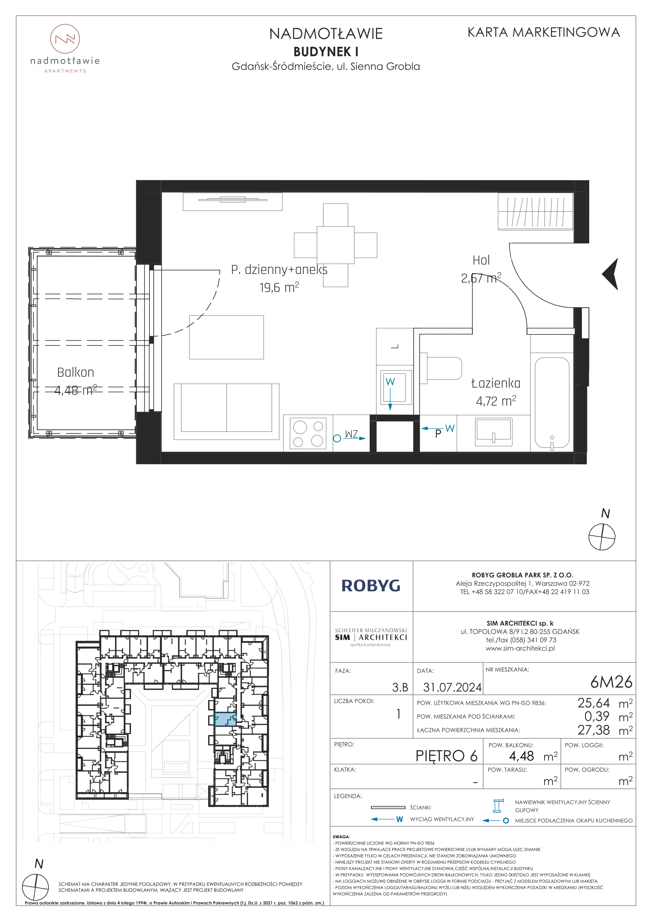 1 pokój, mieszkanie 25,64 m², piętro 6, oferta nr I.6M26, Nadmotławie Apartments Budynek I, Gdańsk, Śródmieście, ul. Sienna Grobla