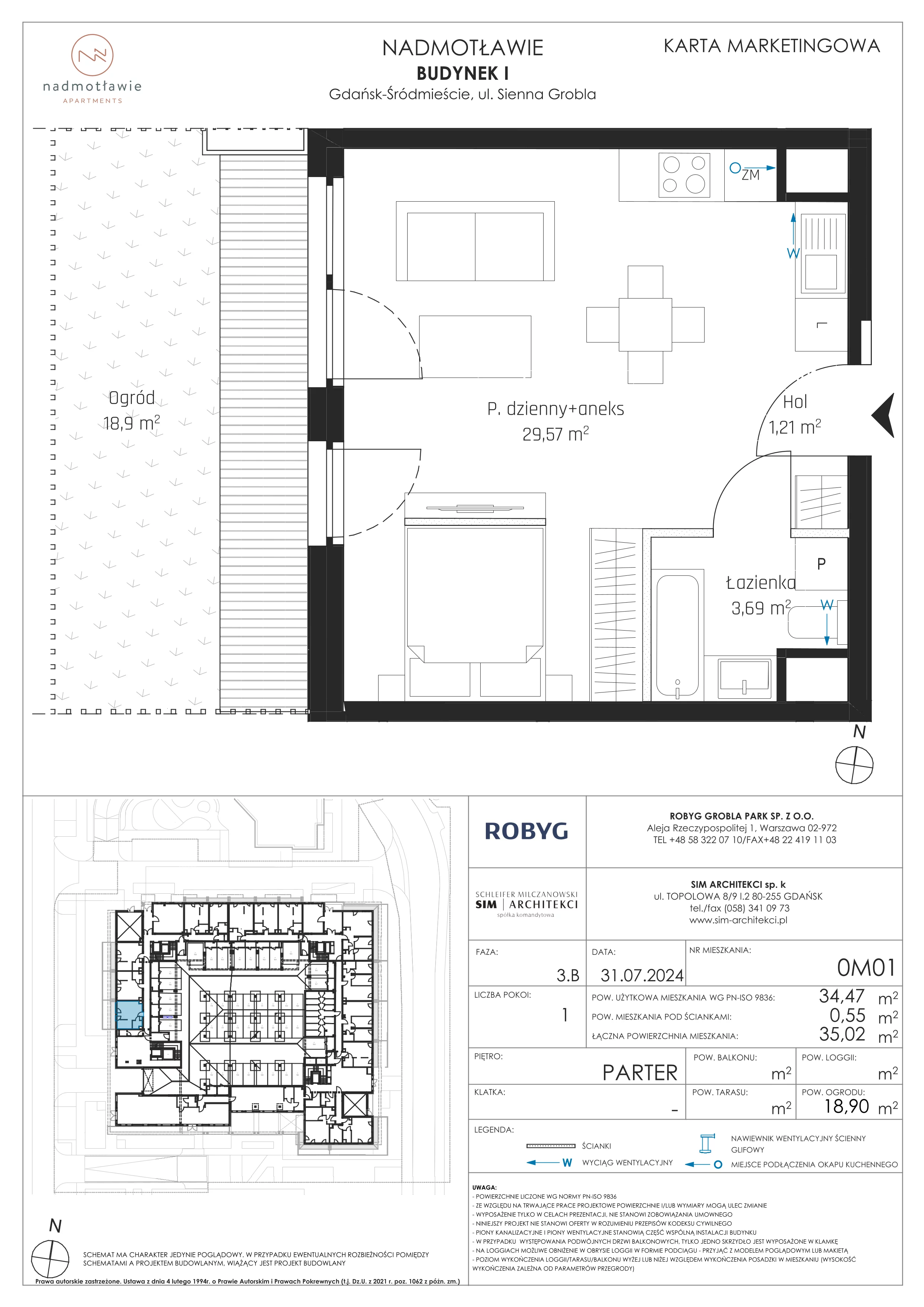 1 pokój, mieszkanie 34,47 m², parter, oferta nr I.0M01, Nadmotławie Apartments Budynek I, Gdańsk, Śródmieście, ul. Sienna Grobla