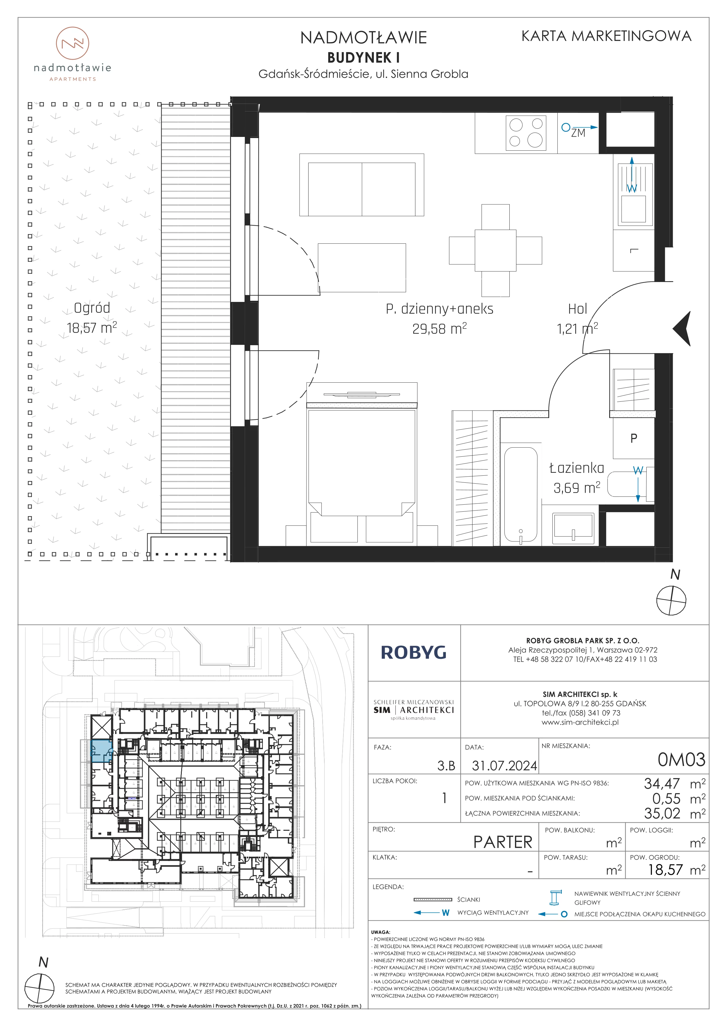 1 pokój, mieszkanie 34,47 m², parter, oferta nr I.0M03, Nadmotławie Apartments Budynek I, Gdańsk, Śródmieście, ul. Sienna Grobla