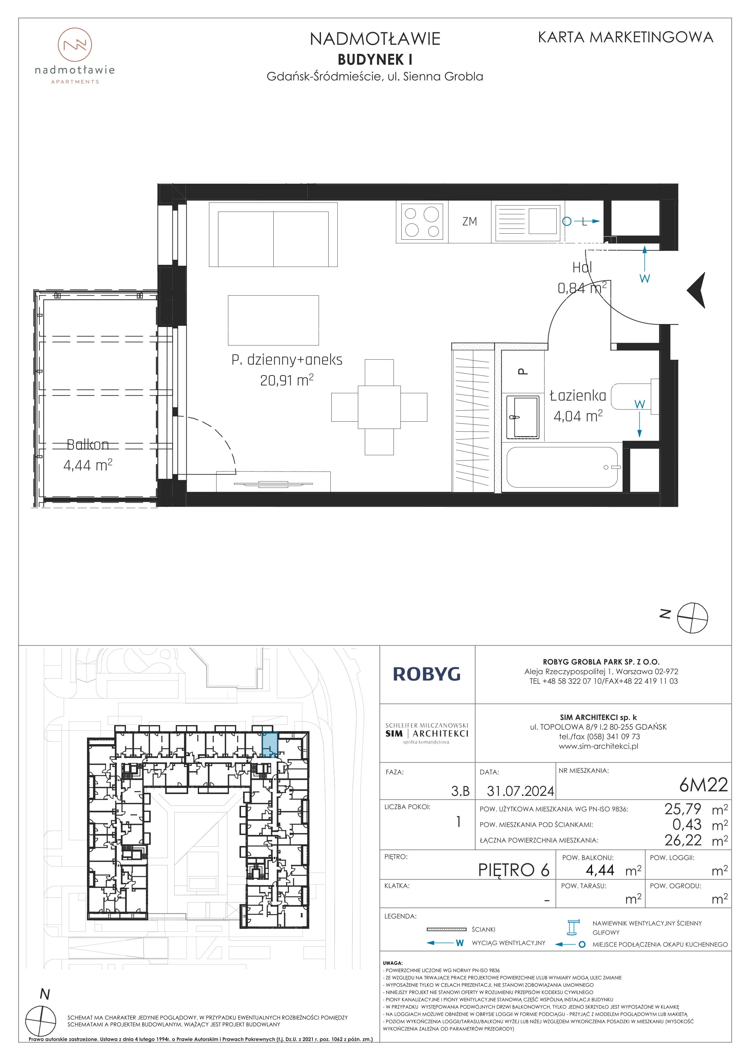 1 pokój, mieszkanie 25,79 m², piętro 6, oferta nr I.6M22, Nadmotławie Apartments Budynek I, Gdańsk, Śródmieście, ul. Sienna Grobla