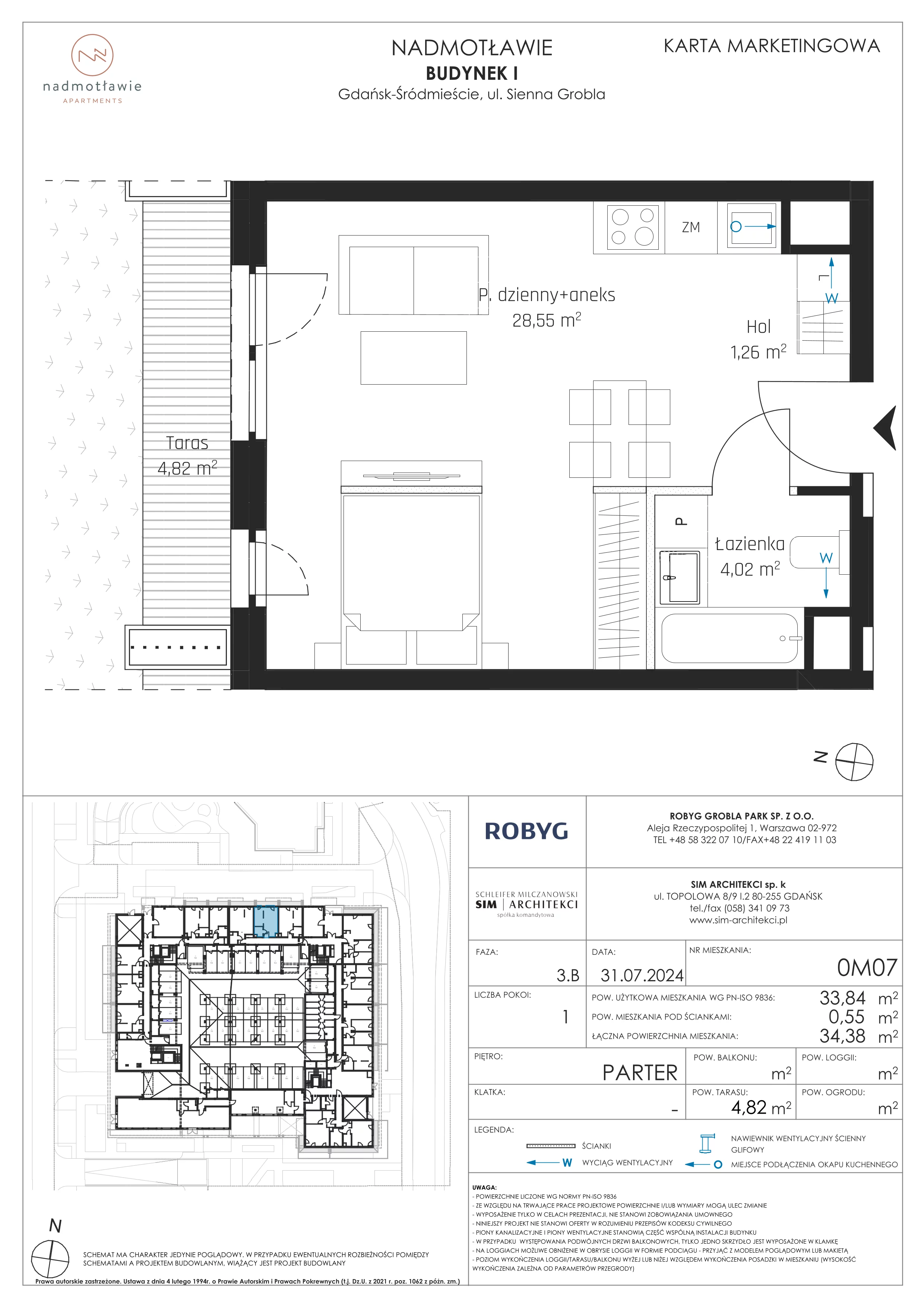 1 pokój, mieszkanie 33,84 m², parter, oferta nr I.0M07, Nadmotławie Apartments Budynek I, Gdańsk, Śródmieście, ul. Sienna Grobla