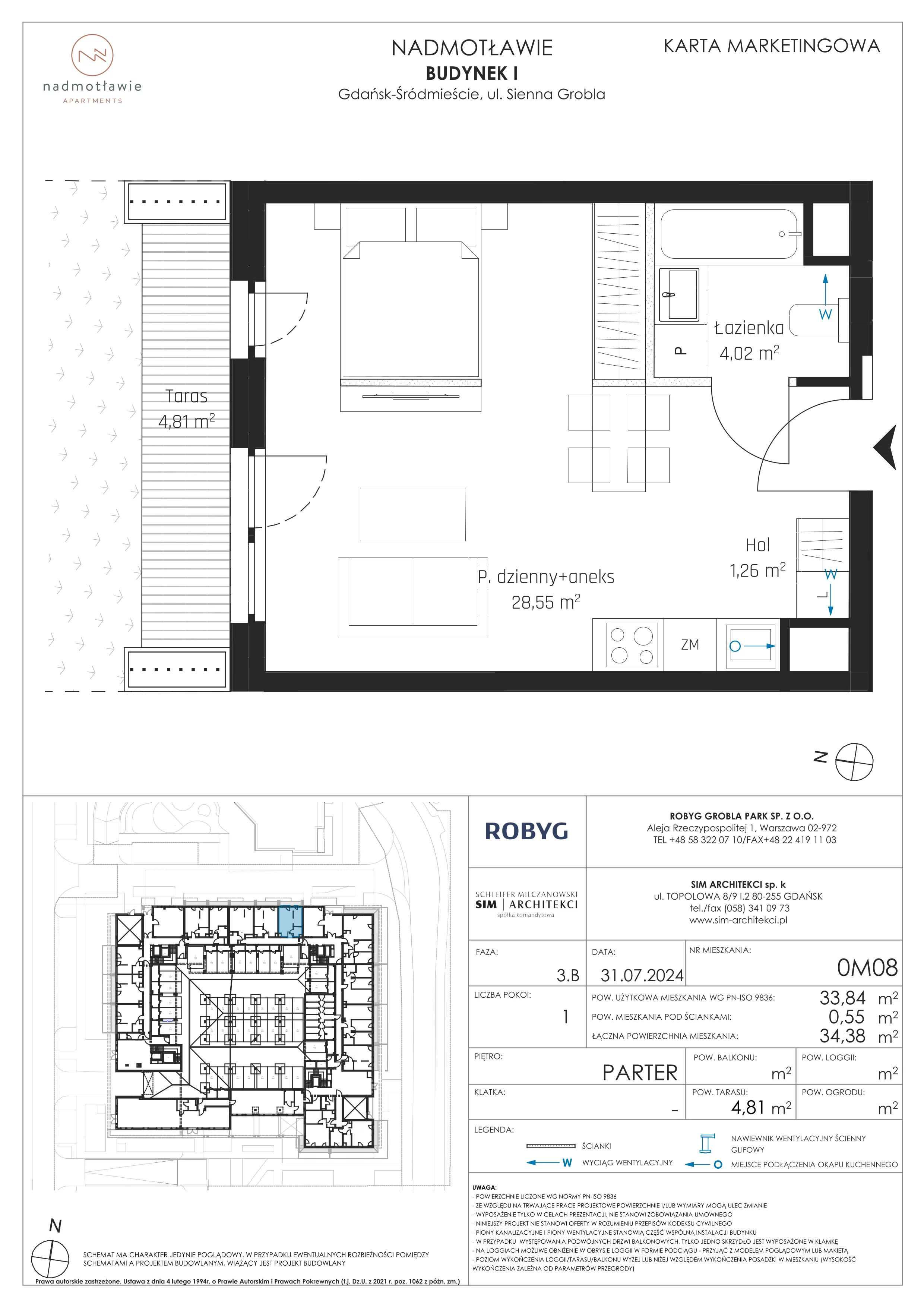 1 pokój, mieszkanie 33,84 m², parter, oferta nr I.0M08, Nadmotławie Apartments Budynek I, Gdańsk, Śródmieście, ul. Sienna Grobla