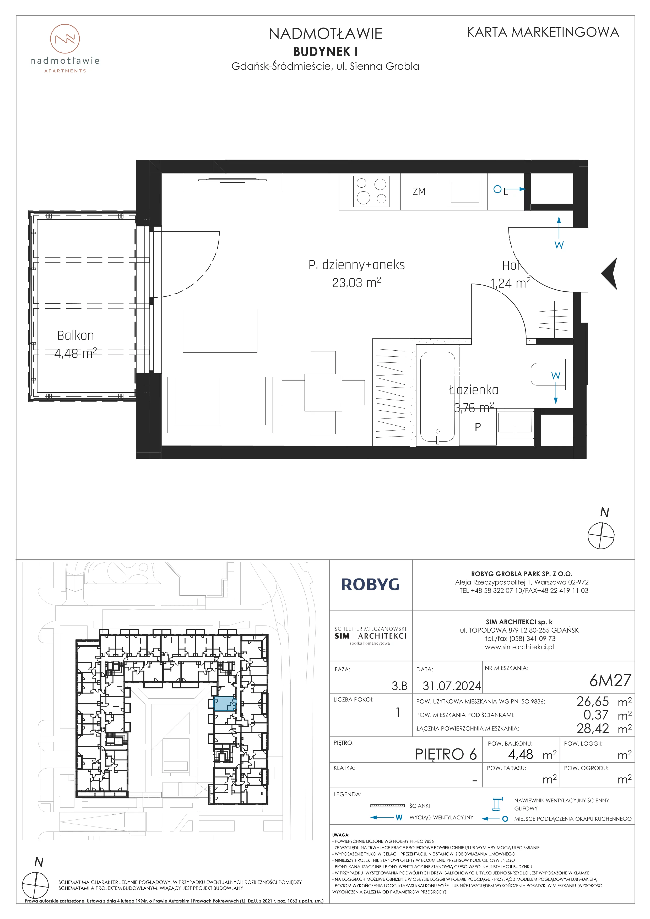 1 pokój, mieszkanie 26,65 m², piętro 6, oferta nr I.6M27, Nadmotławie Apartments Budynek I, Gdańsk, Śródmieście, ul. Sienna Grobla