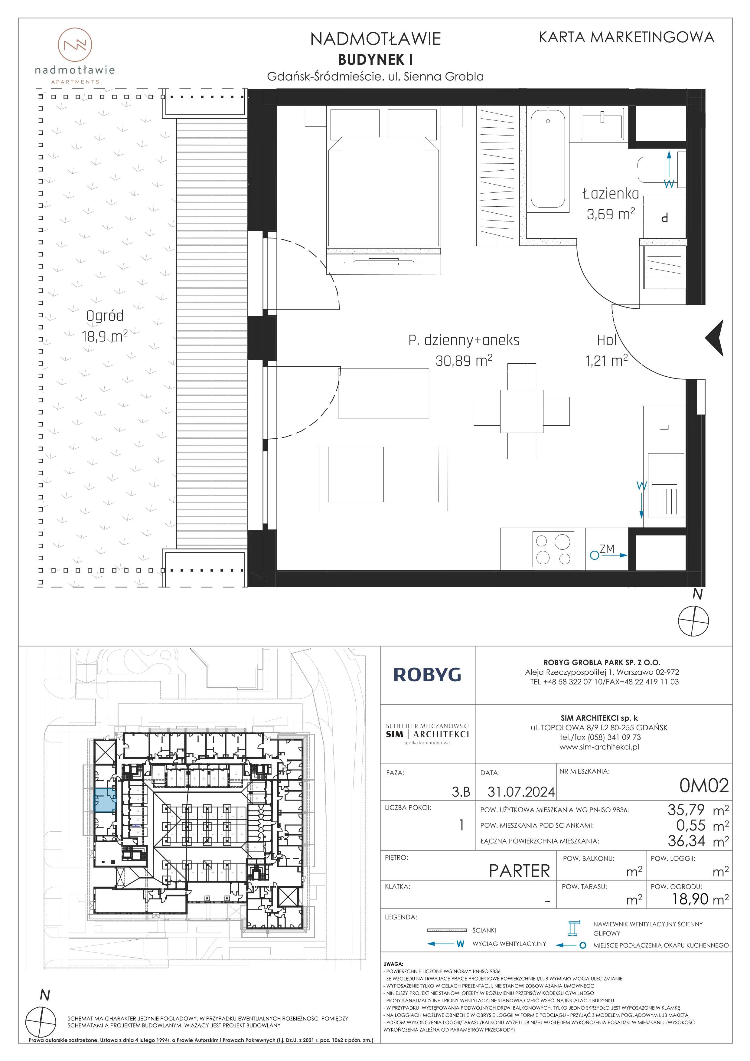 1 pokój, mieszkanie 35,79 m², parter, oferta nr I.0M02, Nadmotławie Apartments Budynek I, Gdańsk, Śródmieście, ul. Sienna Grobla