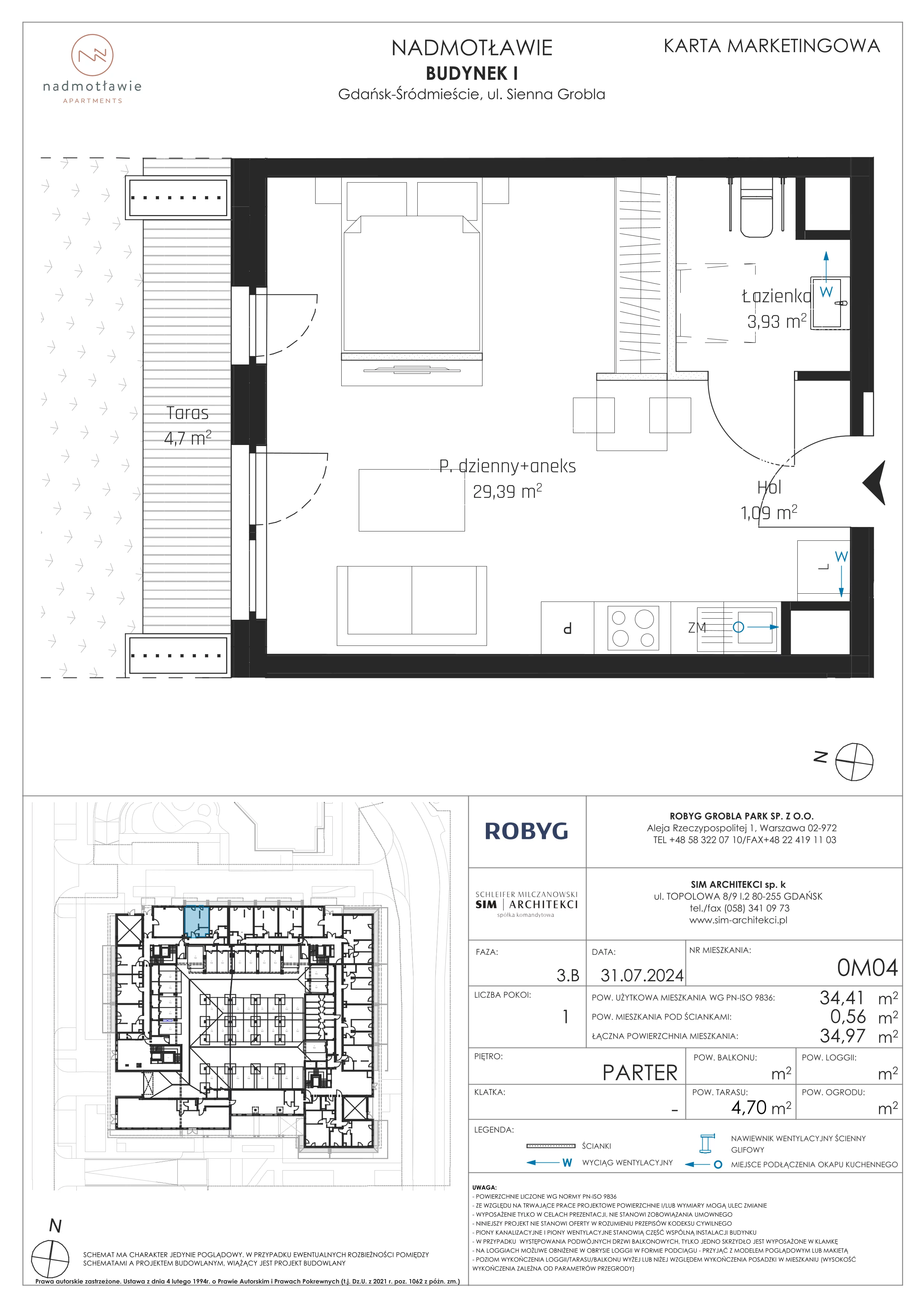 1 pokój, mieszkanie 34,41 m², parter, oferta nr I.0M04, Nadmotławie Apartments Budynek I, Gdańsk, Śródmieście, ul. Sienna Grobla