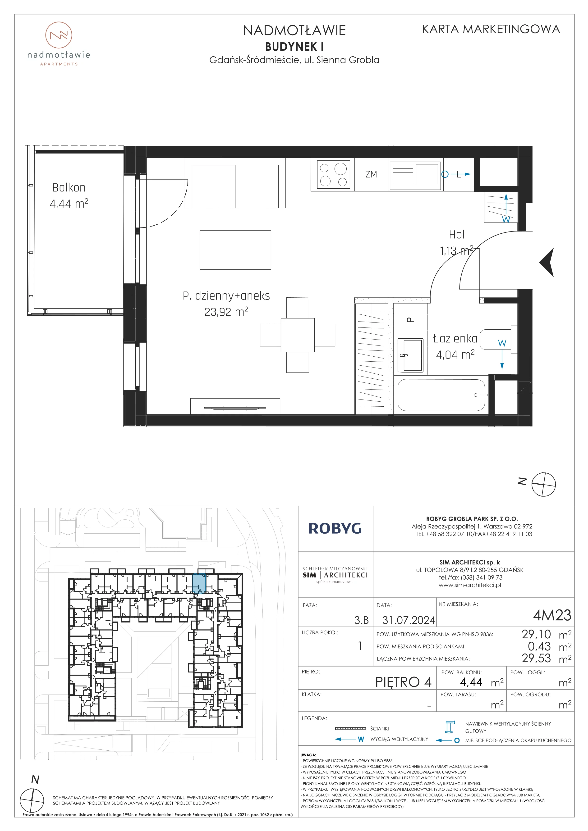 1 pokój, mieszkanie 29,10 m², piętro 4, oferta nr I.4M23, Nadmotławie Apartments Budynek I, Gdańsk, Śródmieście, ul. Sienna Grobla