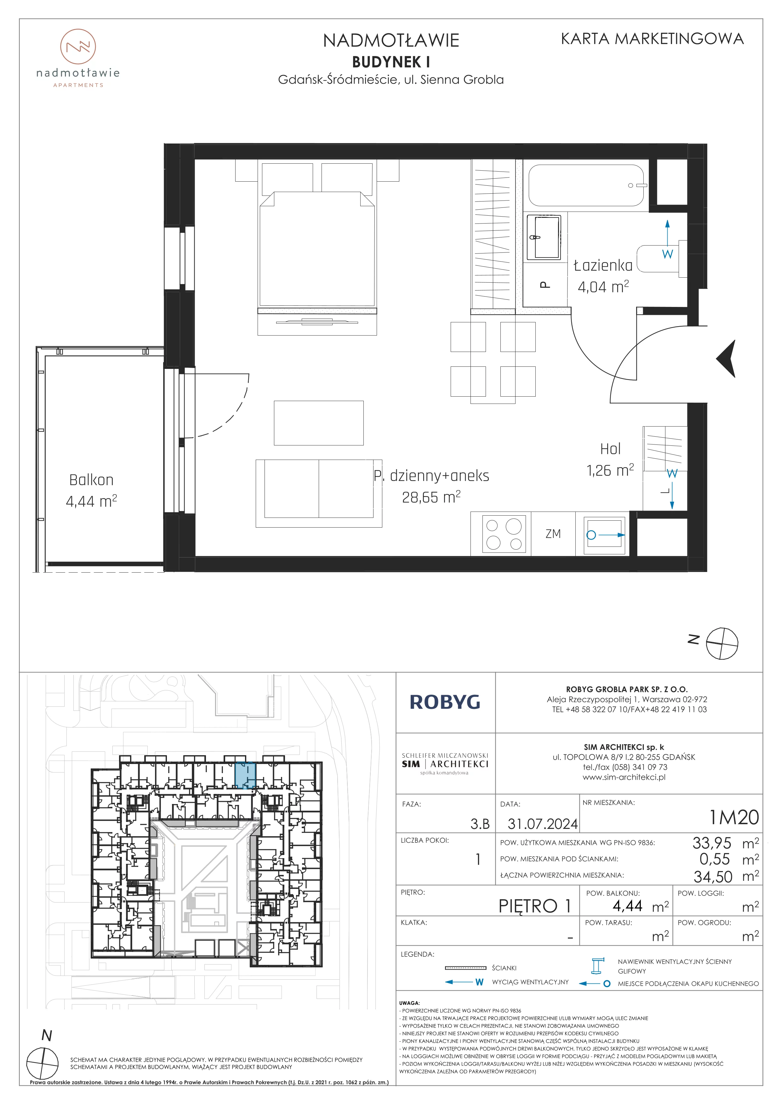 1 pokój, mieszkanie 33,95 m², piętro 1, oferta nr I.1M20, Nadmotławie Apartments Budynek I, Gdańsk, Śródmieście, ul. Sienna Grobla