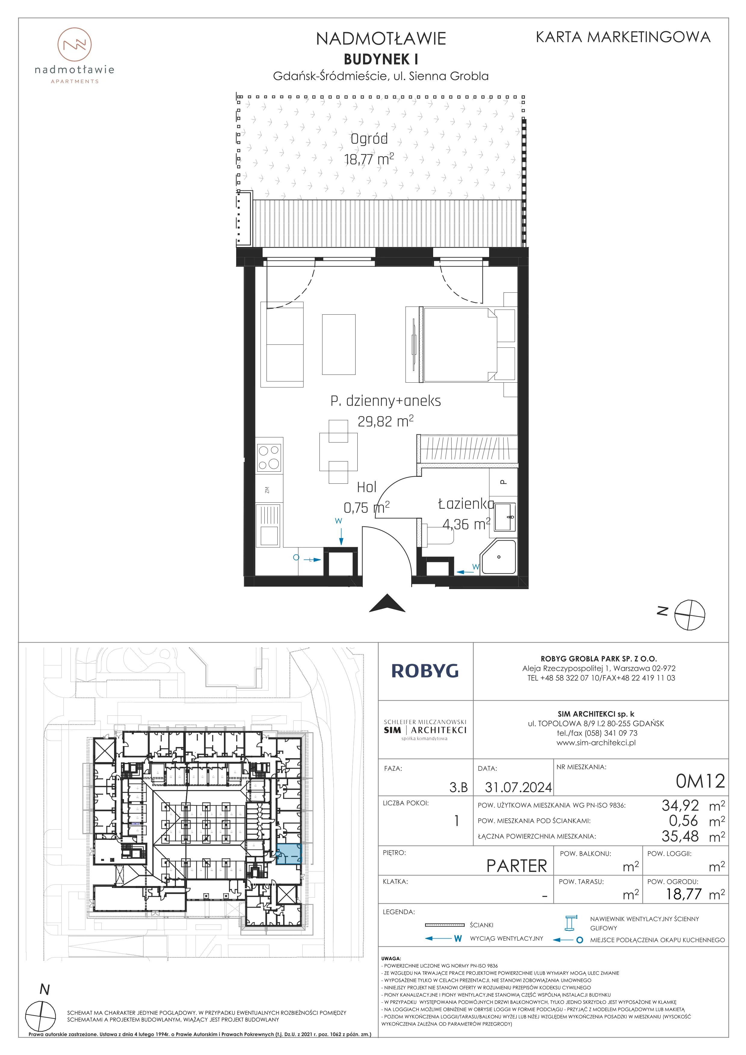 1 pokój, mieszkanie 34,92 m², parter, oferta nr I.0M12, Nadmotławie Apartments Budynek I, Gdańsk, Śródmieście, ul. Sienna Grobla