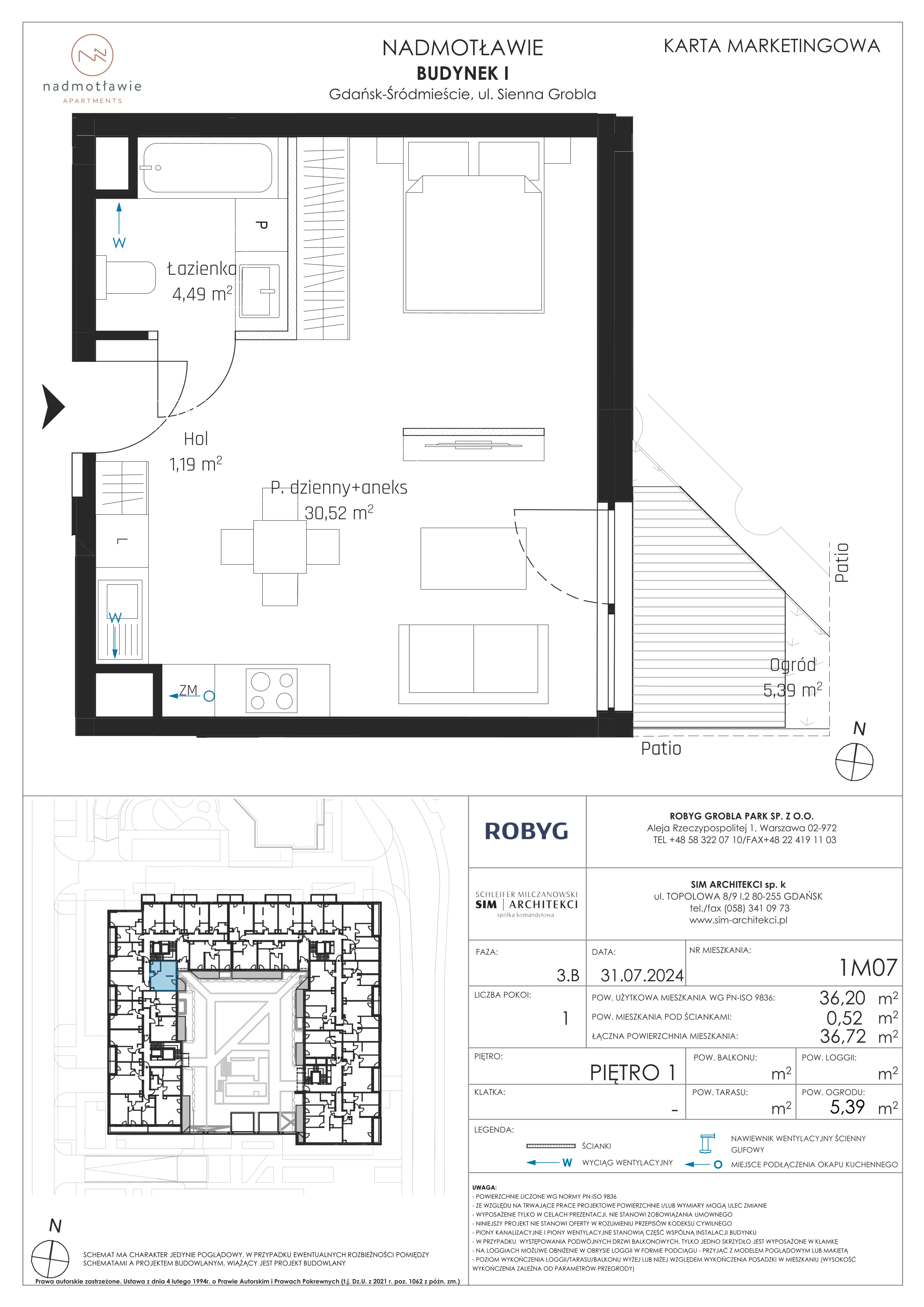 1 pokój, mieszkanie 36,20 m², piętro 1, oferta nr I.1M07, Nadmotławie Apartments Budynek I, Gdańsk, Śródmieście, ul. Sienna Grobla