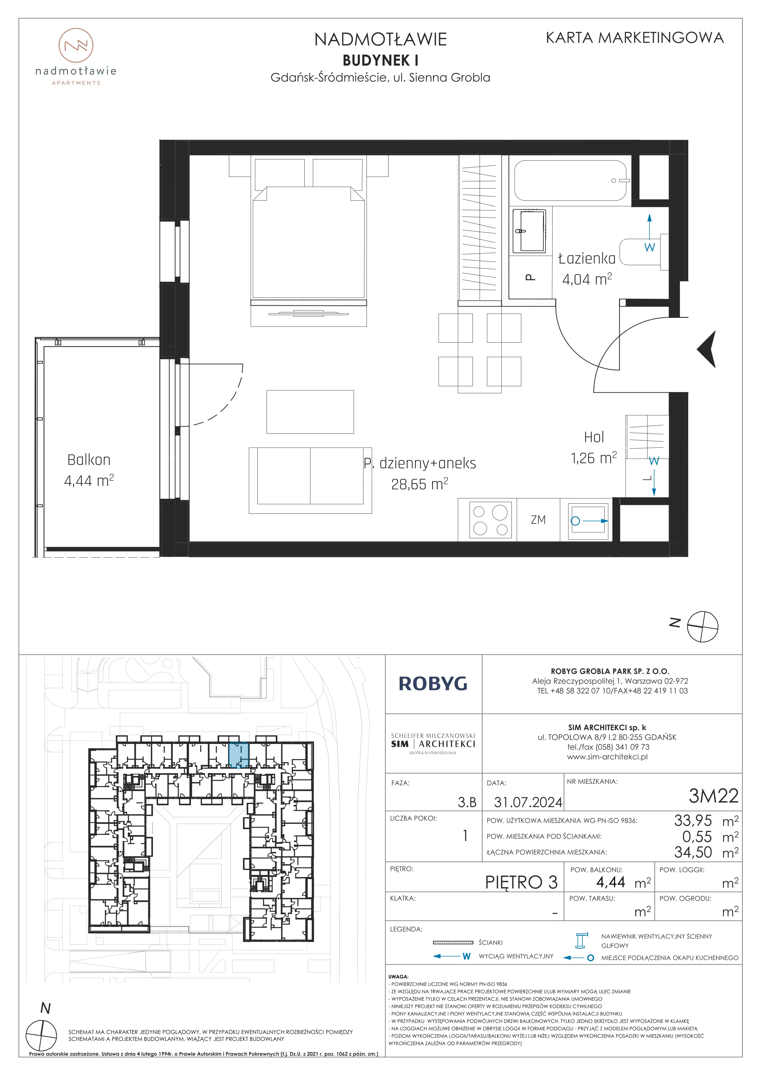1 pokój, mieszkanie 33,95 m², piętro 3, oferta nr I.3M22, Nadmotławie Apartments Budynek I, Gdańsk, Śródmieście, ul. Sienna Grobla