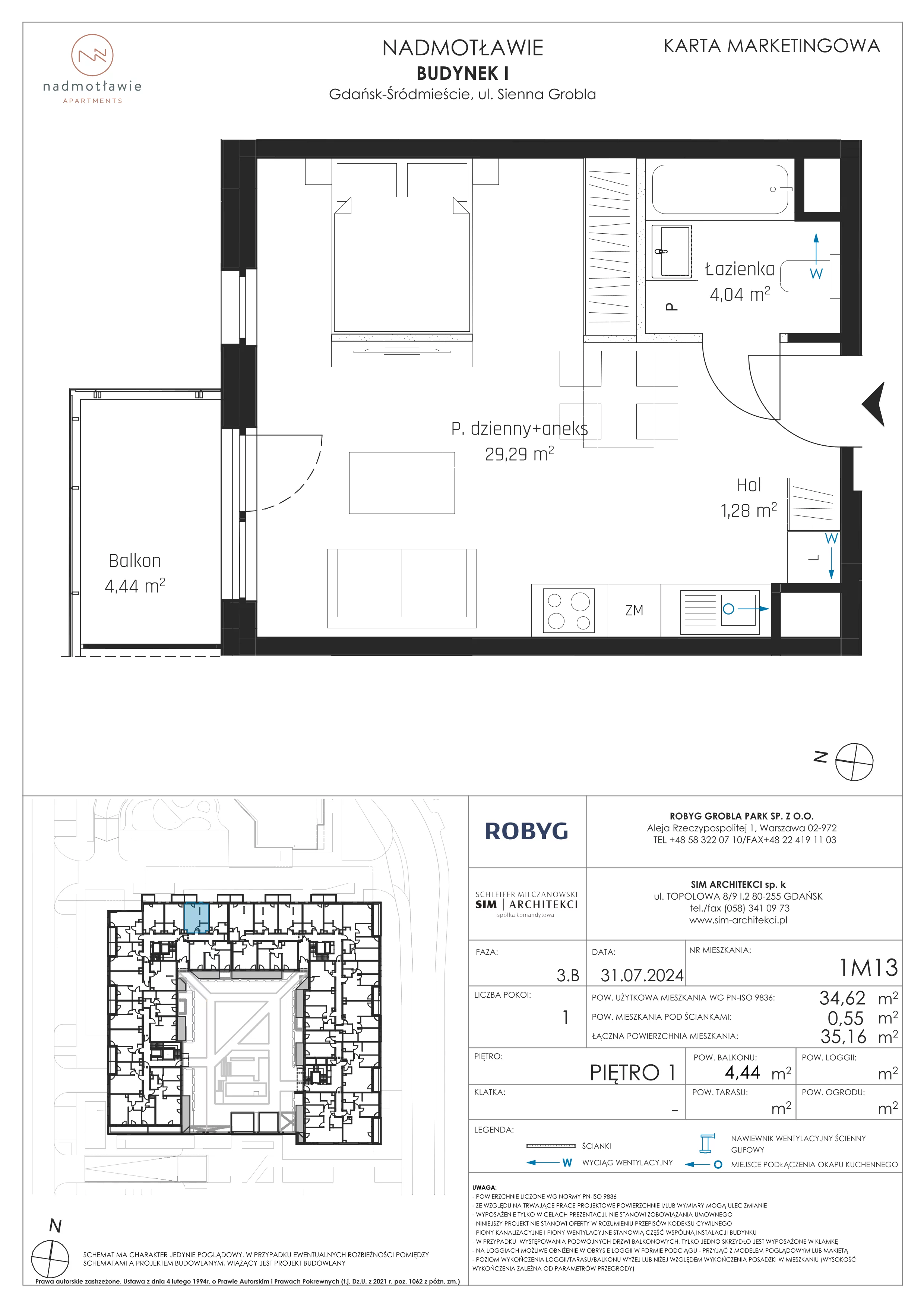 1 pokój, mieszkanie 34,62 m², piętro 1, oferta nr I.1M13, Nadmotławie Apartments Budynek I, Gdańsk, Śródmieście, ul. Sienna Grobla