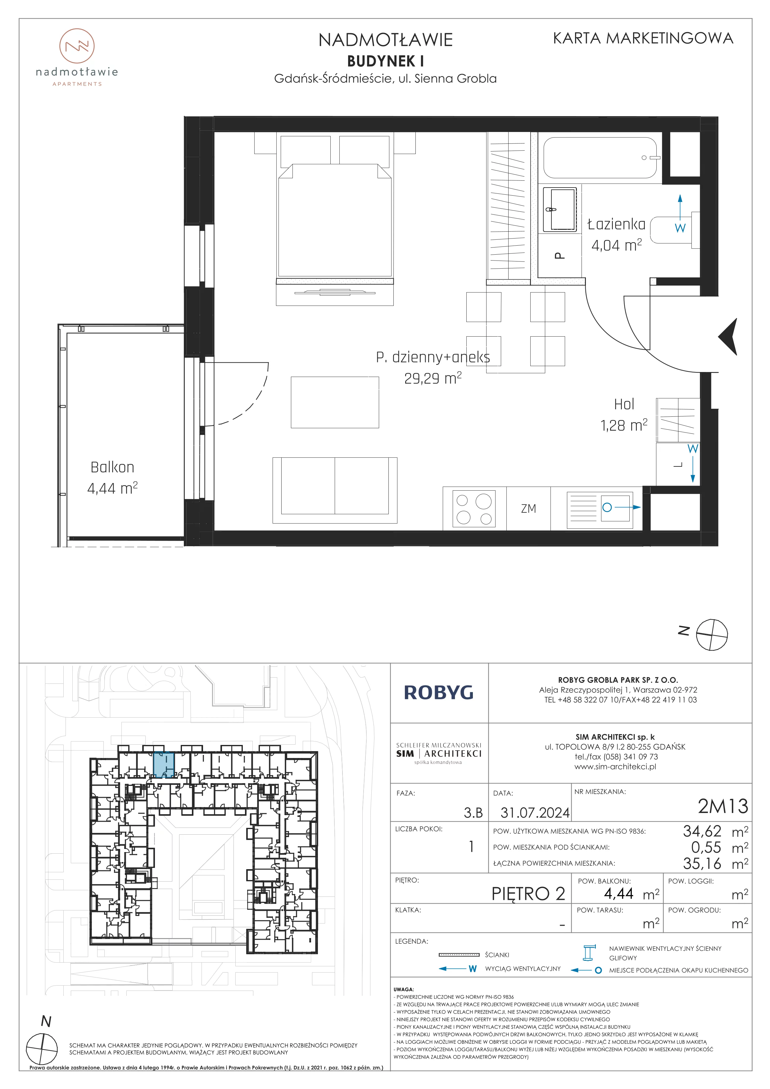 1 pokój, mieszkanie 34,62 m², piętro 2, oferta nr I.2M13, Nadmotławie Apartments Budynek I, Gdańsk, Śródmieście, ul. Sienna Grobla