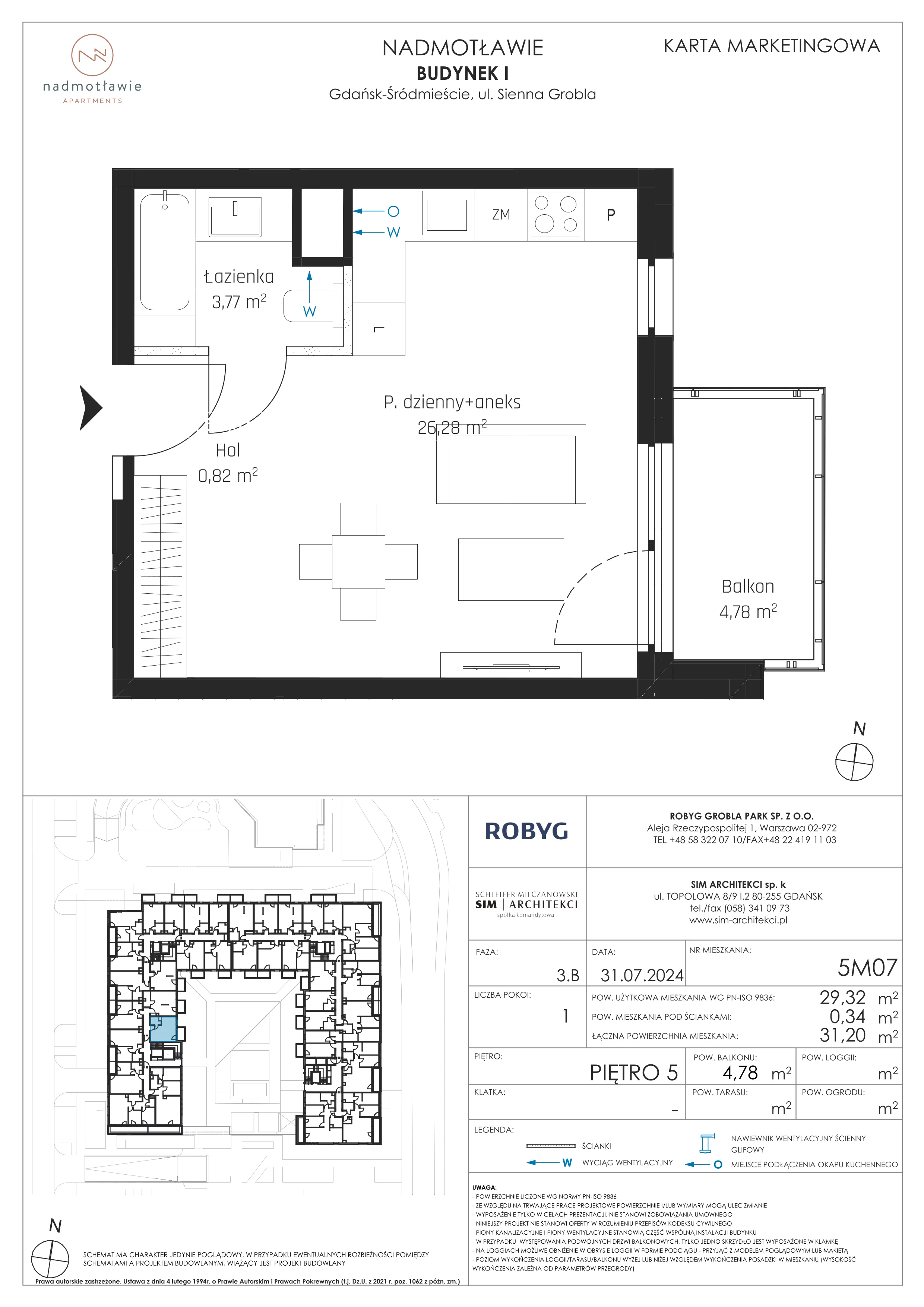 1 pokój, mieszkanie 29,32 m², piętro 5, oferta nr I.5M07, Nadmotławie Apartments Budynek I, Gdańsk, Śródmieście, ul. Sienna Grobla