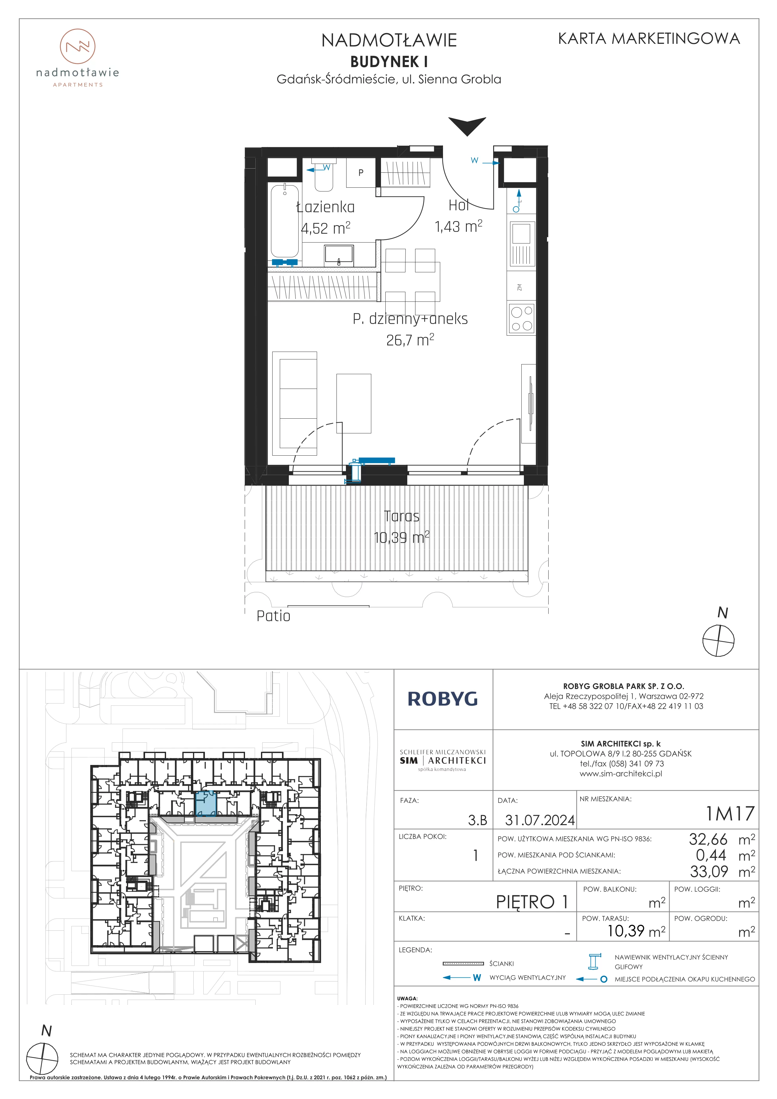 1 pokój, mieszkanie 32,66 m², piętro 1, oferta nr I.1M17, Nadmotławie Apartments Budynek I, Gdańsk, Śródmieście, ul. Sienna Grobla
