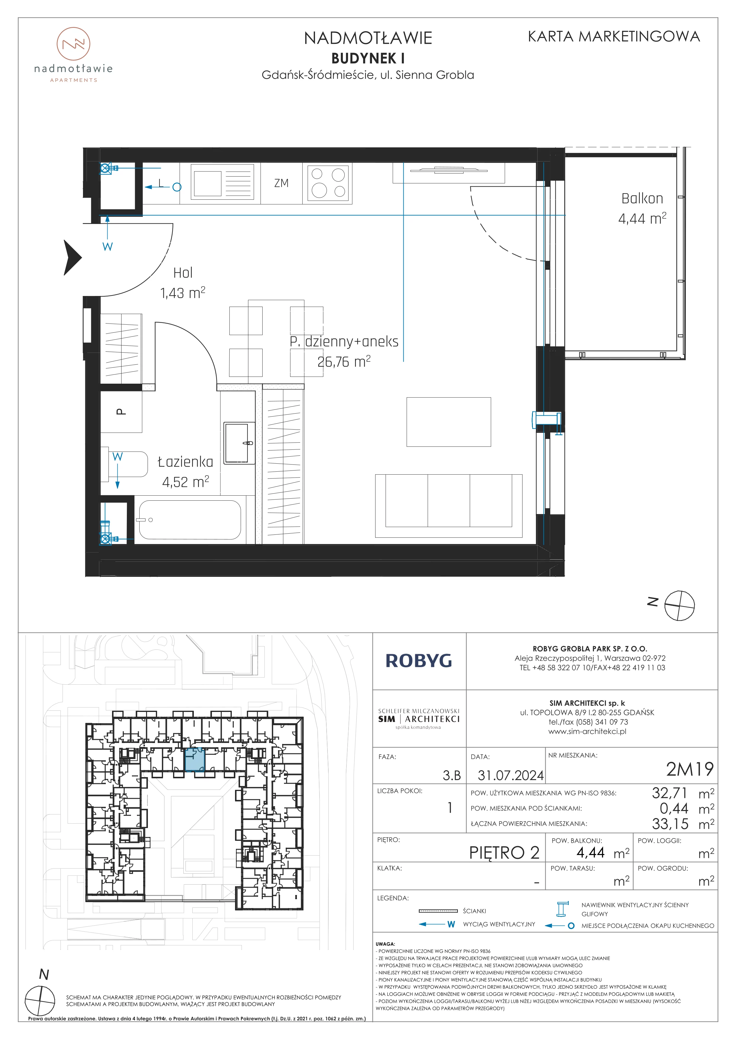 1 pokój, mieszkanie 32,71 m², piętro 2, oferta nr I.2M19, Nadmotławie Apartments Budynek I, Gdańsk, Śródmieście, ul. Sienna Grobla