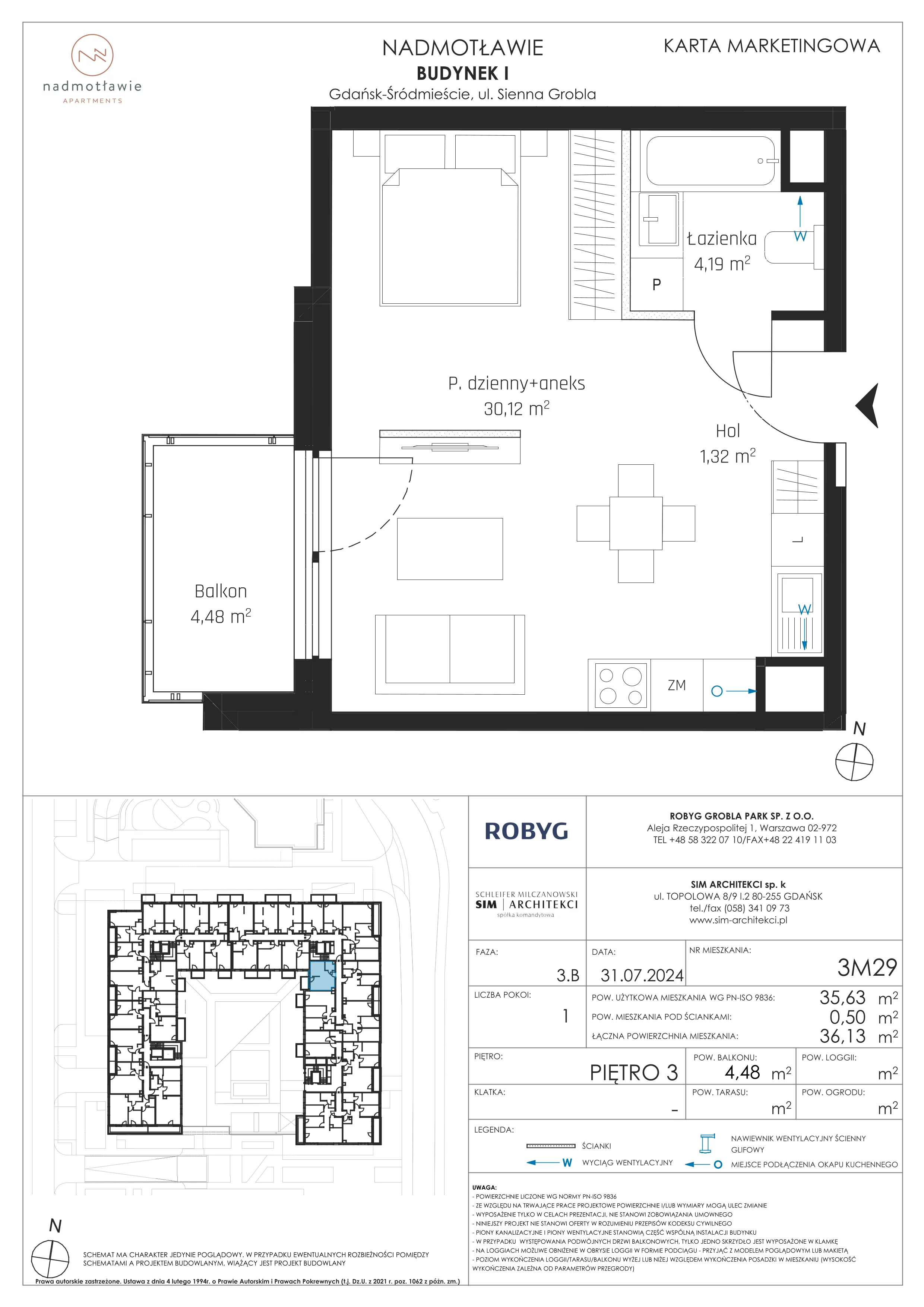 1 pokój, mieszkanie 35,63 m², piętro 3, oferta nr I.3M29, Nadmotławie Apartments Budynek I, Gdańsk, Śródmieście, ul. Sienna Grobla