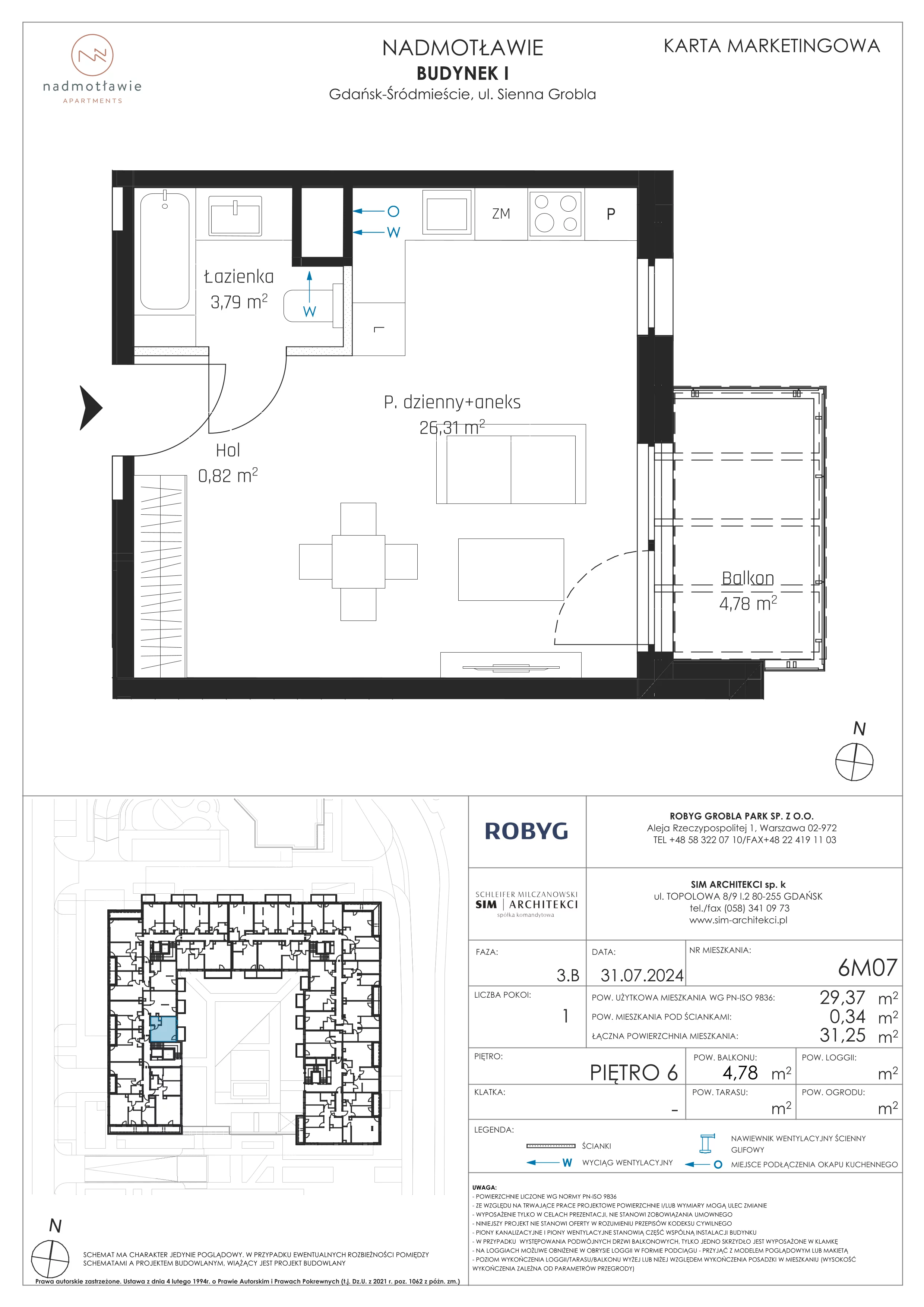 1 pokój, mieszkanie 29,37 m², piętro 6, oferta nr I.6M07, Nadmotławie Apartments Budynek I, Gdańsk, Śródmieście, ul. Sienna Grobla