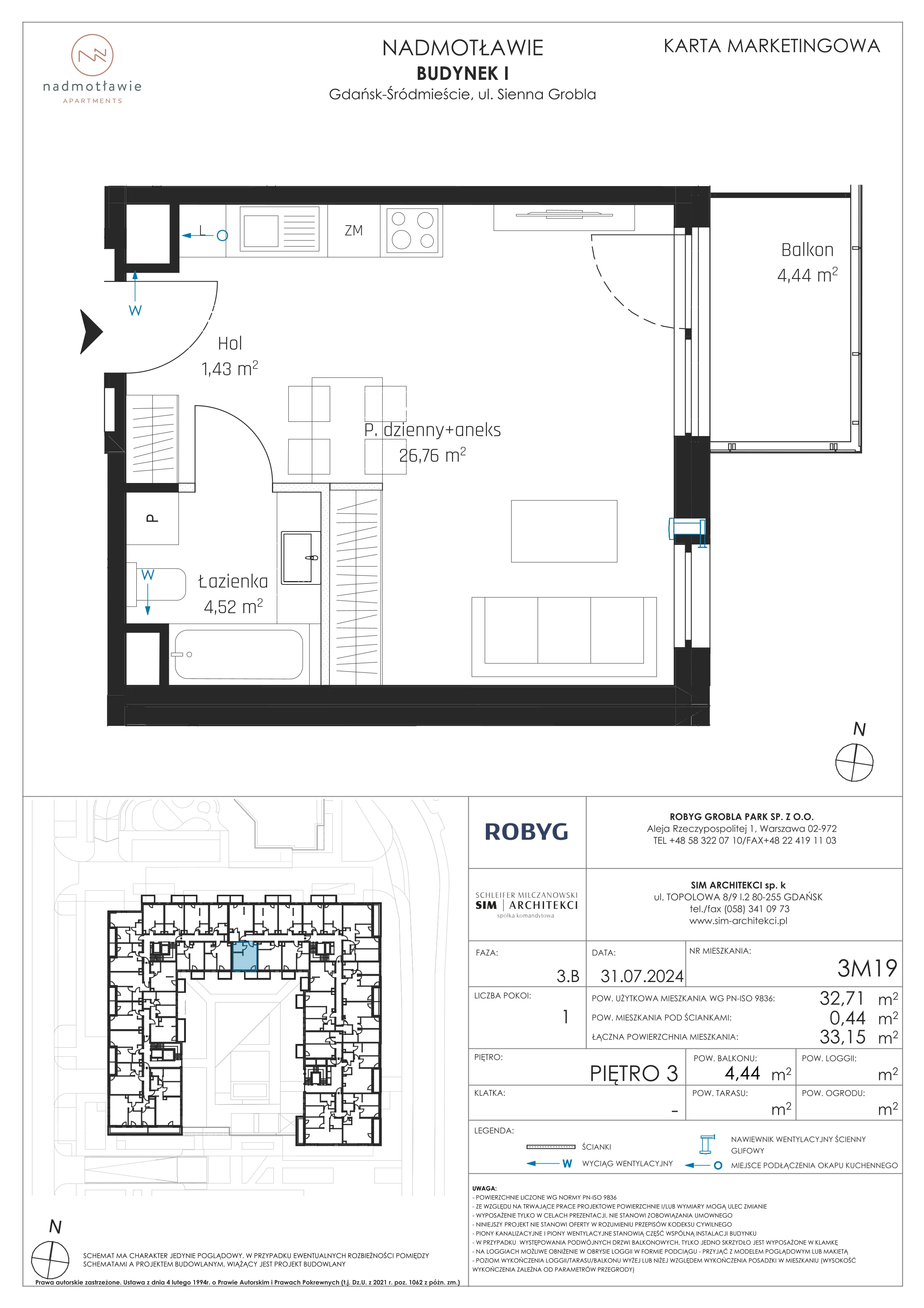 1 pokój, mieszkanie 32,71 m², piętro 3, oferta nr I.3M19, Nadmotławie Apartments Budynek I, Gdańsk, Śródmieście, ul. Sienna Grobla